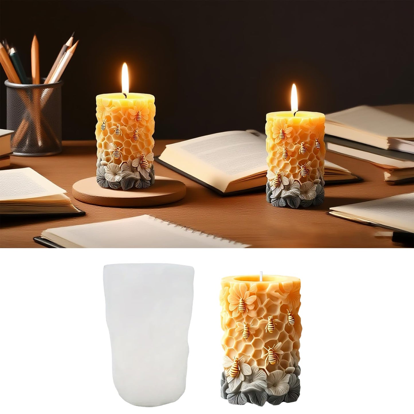 3D Bee Honeycomb Flower Pillar Candle Mold, Silicone Molds for Epoxy Resin Candle Making Wax Aromatherapy & DIY Wax Soap, Home Decoration Handmade Crafts
