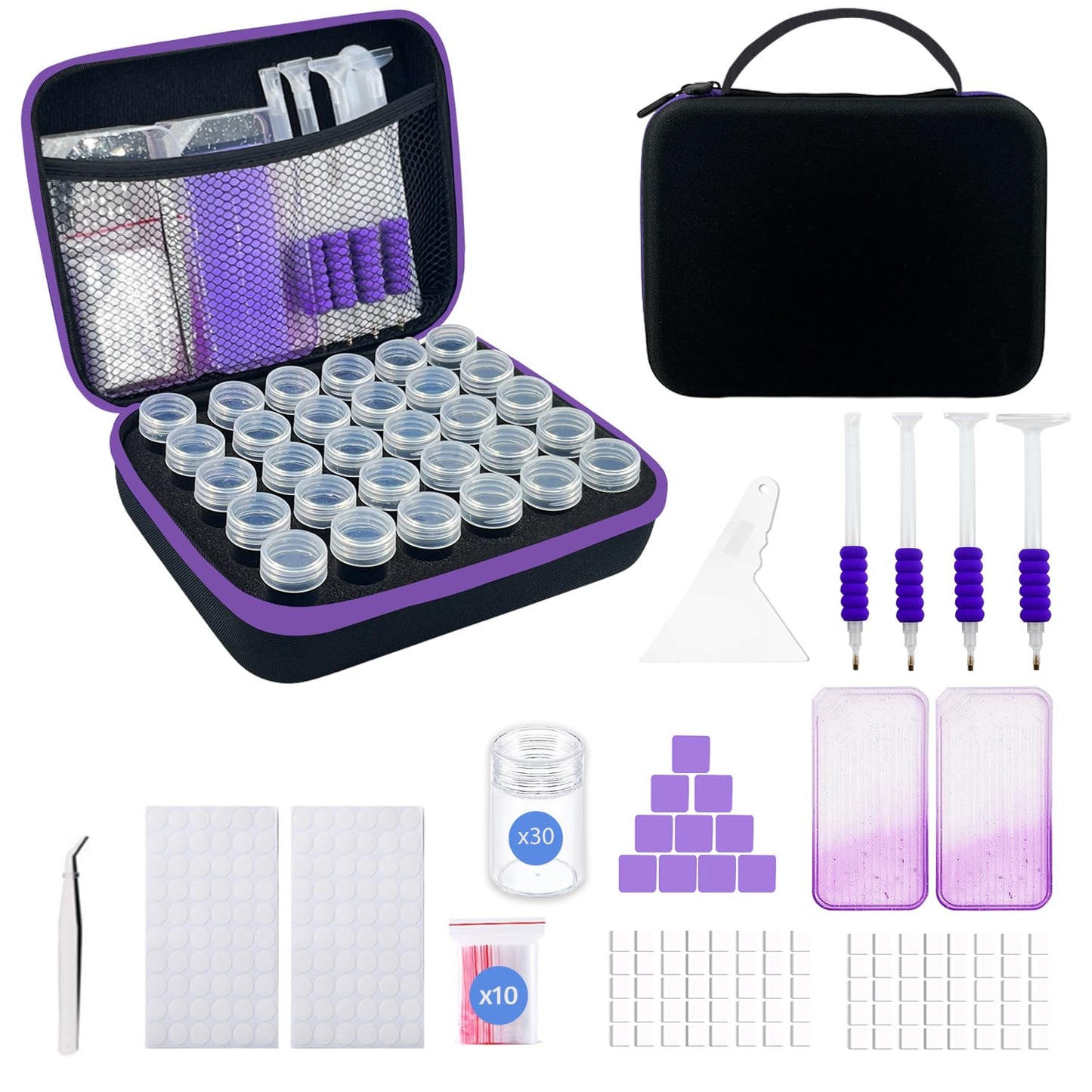 SuSentak Diamond Art Storage Containers with Dot Drill Tools,30 Slots Bead Organizer Case for 5D DIY Art Kits, Portable Craft Box for Diamond Painting Accessories (Black)