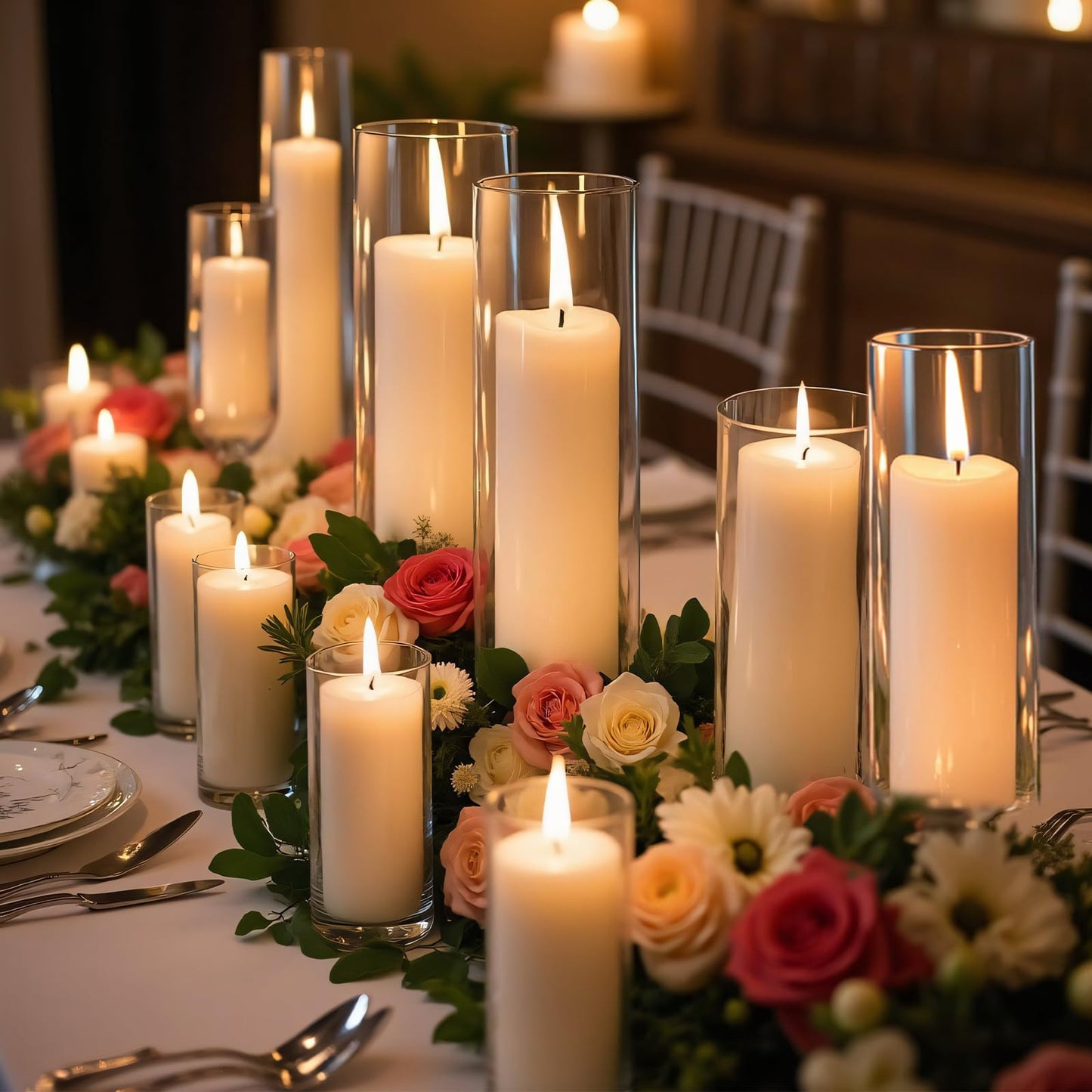 36 PCS Ivory White Pillar Candles with Glass Candle Holders Clear Hurricane Candle Holders Glass Cylinder Vases for Centerpieces Wedding Party, Event, Home Office (18 Candles+18 Candle Hoders)