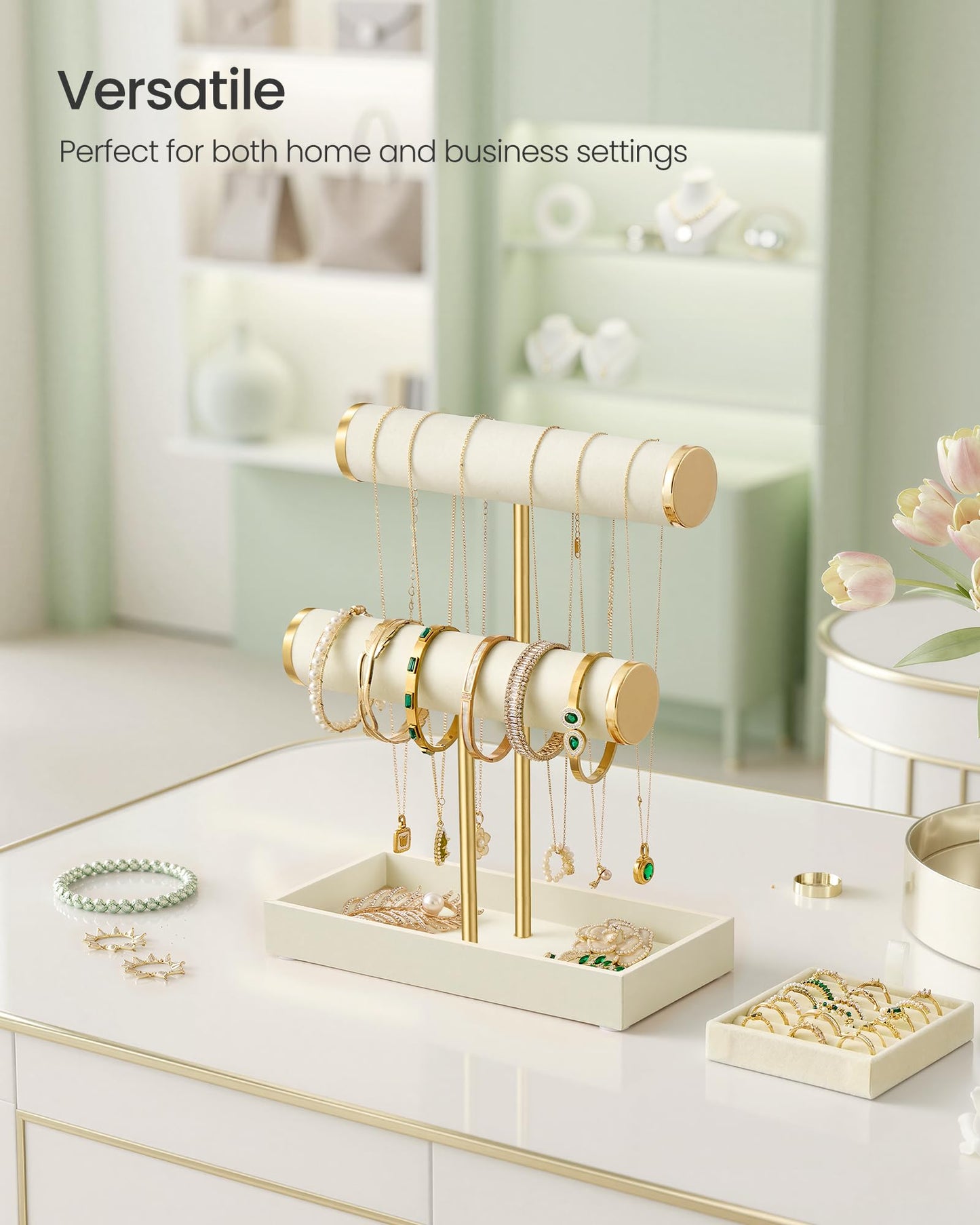 SONGMICS Bracelet Holder Stand, Jewelry Display Stand, Jewelry Organizer, with 2 Tiers and Velvet Tray, Removable Ring Holder, Cream White and Pale Gold UJJS039W101