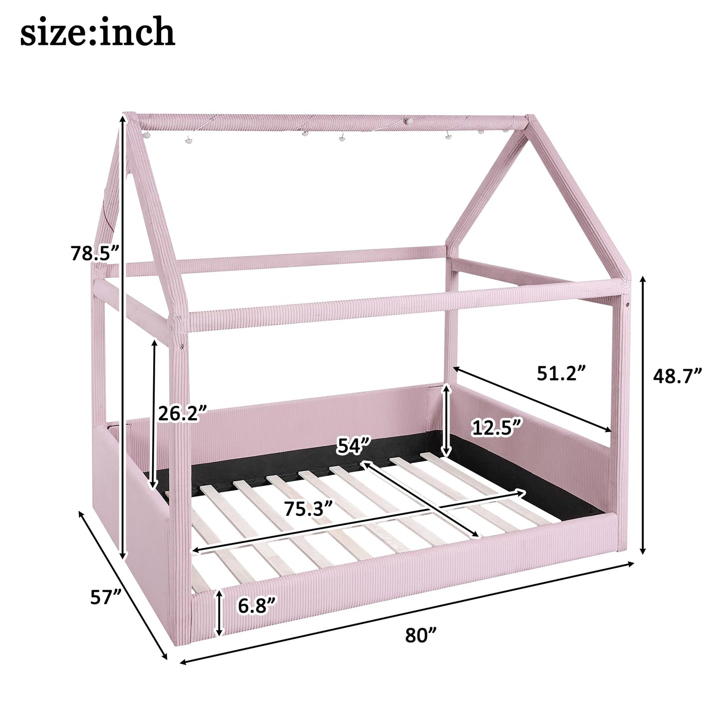 Merax Modern Upholstered House Bed, Floor Upholstered Sofa Daybed with Wood Slat Support,Platform Bed Frame with Headboard/Full, Pink
