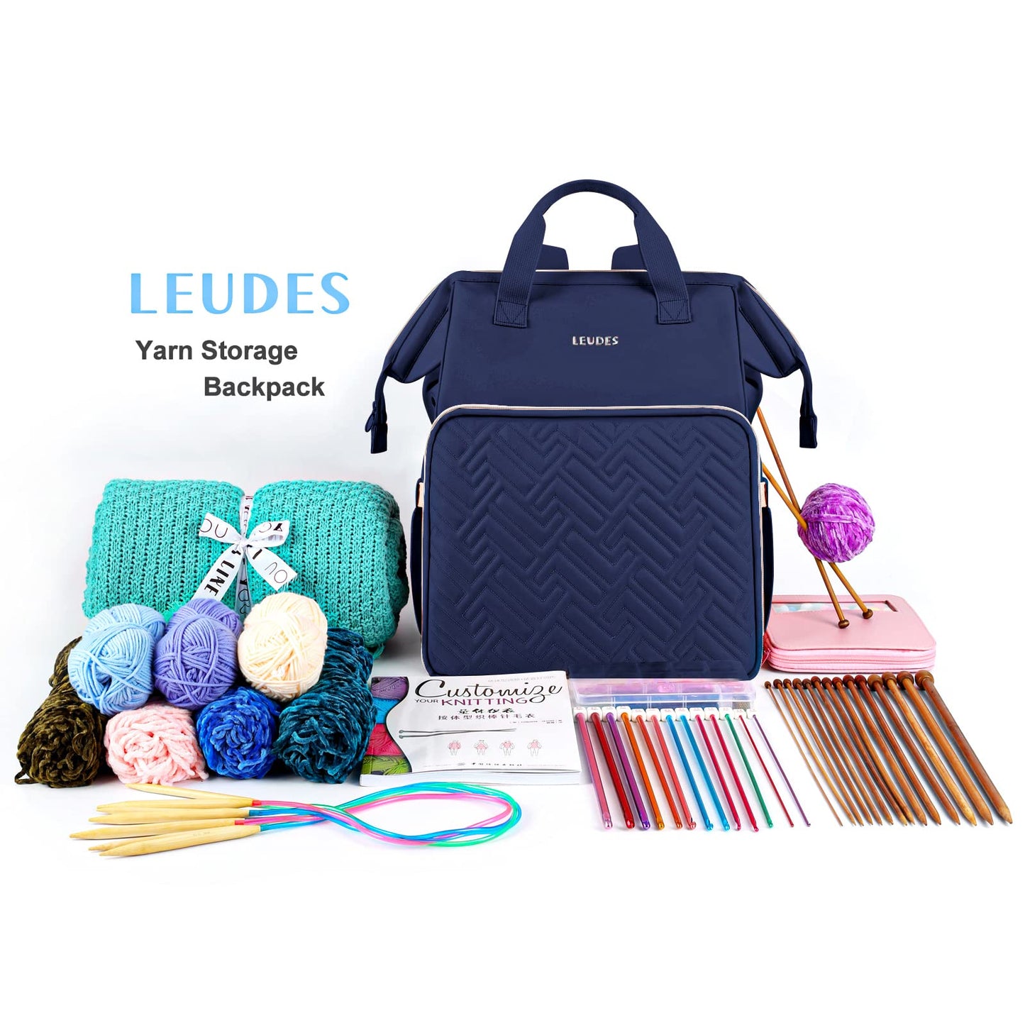 Leudes Knitting Bag Backpack, Yarn Storage Organizer Large Crochet Bag Tote Water Resistant Yarn Holder Case for Carrying Projects, Knitting Needles, Crochet Hooks and Other Accessories (Navy Blue)