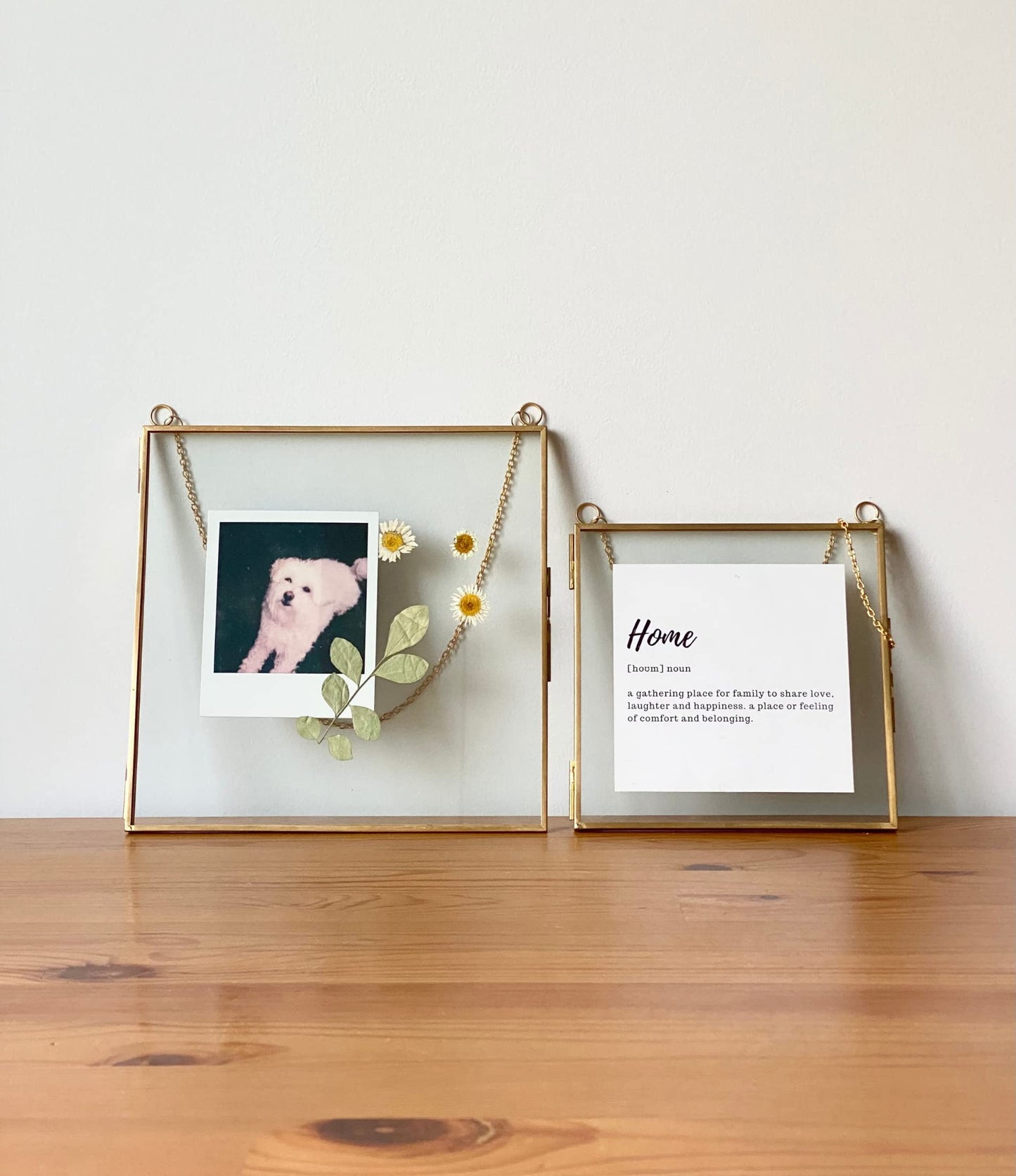 Glass Frame for Pressed Flowers, Leaf and Artwork - Hanging Gold 6x6 Square Metal Picture Frames, Clear Double Glass Floating Frame, Wall Decor Photo Display, Set of 2 Flower Press Frames with Chain
