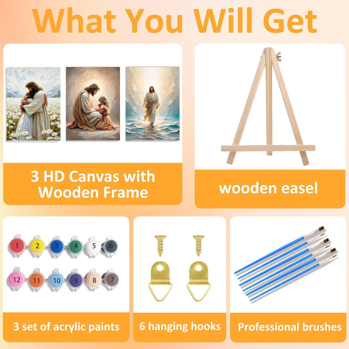 BAWKENTON 3 Pack Jesus Paint by Numbers Kits for Adults with Framed Canvas - with Wooden Easel, Number Artist Paint by Number on Canvas, DIY Acrylic Oil Painting Kits for Home Decor 9.45x11.84in
