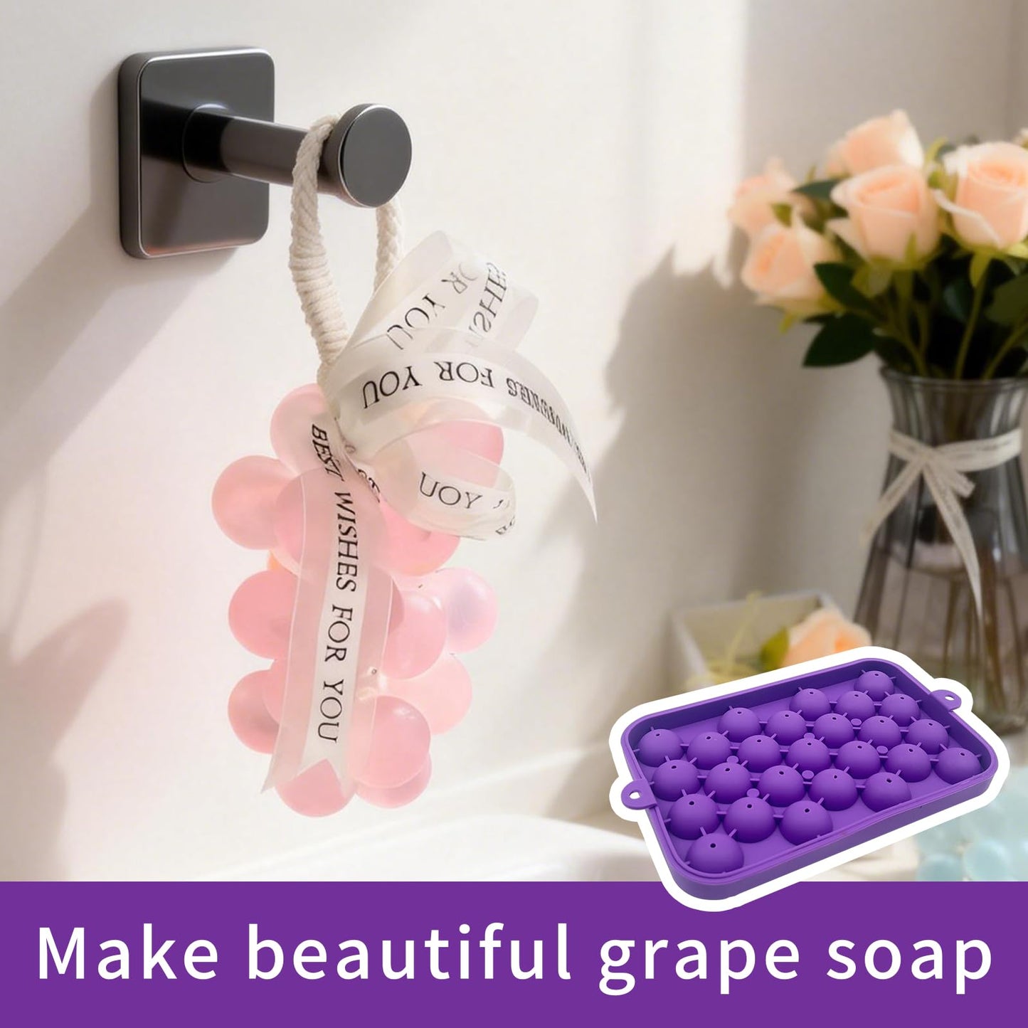 DIY Soap Making Kit, Silicone Grape Soap Mold with Cotton Rope, Dried Flowers & Tweezers, Exquisite Mold for Handmade Grape Soap Making Gift & Home Decor