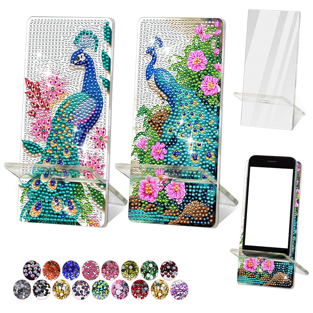 NIHO-JIUMA Diamond Art Phone Stand Kits Peacock, DIY Diamond Painting Acrylic Phone Holder & Mirror, Craft Gift for Adults/Teen