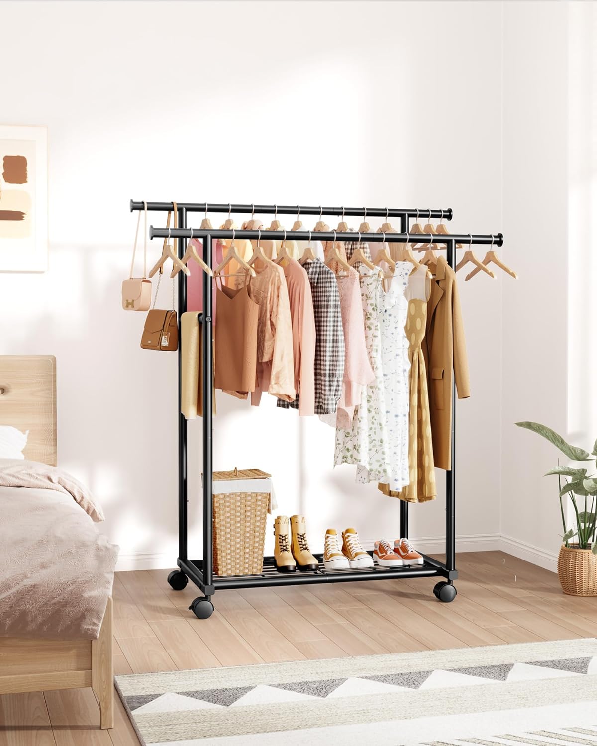 Sakugi Metal Clothes Rack - Double Rod Design with Rolling Wheels & Built-In Shelf | 38.5" x 16.9" x 59.0", Black