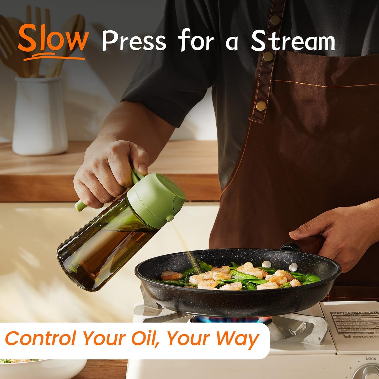 TrendPlain - Original 16oz/470ml Olive Oil Dispenser Bottle for Kitchen Gadgets and Air Fryer Accessories - Olive Oil Sprayer for Cooking w/Stickers - Black&Green
