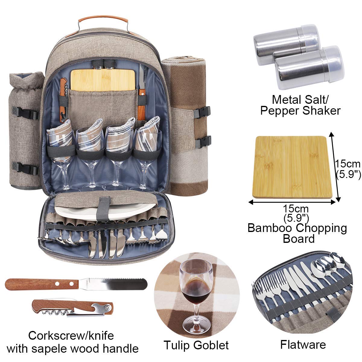 Sunflora Picnic Backpack for 4 Person with Blanket Picnic Basket Set for 2 with Insulated Cooler Wine Pouch for Family Couples (Brush Beige)