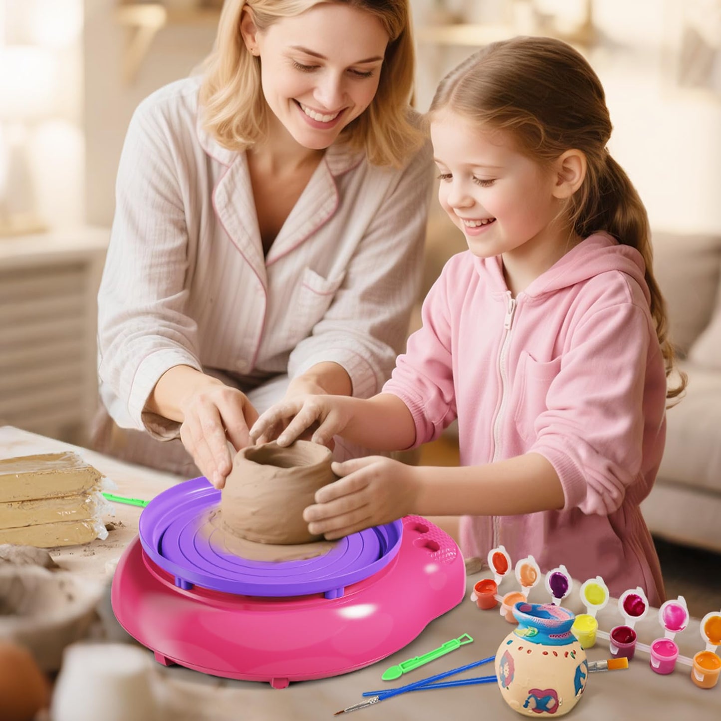 Vinkp Pottery Wheel for Kids - Complete Pottery Painting Kit Arts and Crafts for Kids Ages 8-12 with Air Dry Clay Art Supplies for Girls Boys Toys Birthday Gifts for 6 7 8 9 10 11 12 - Pink