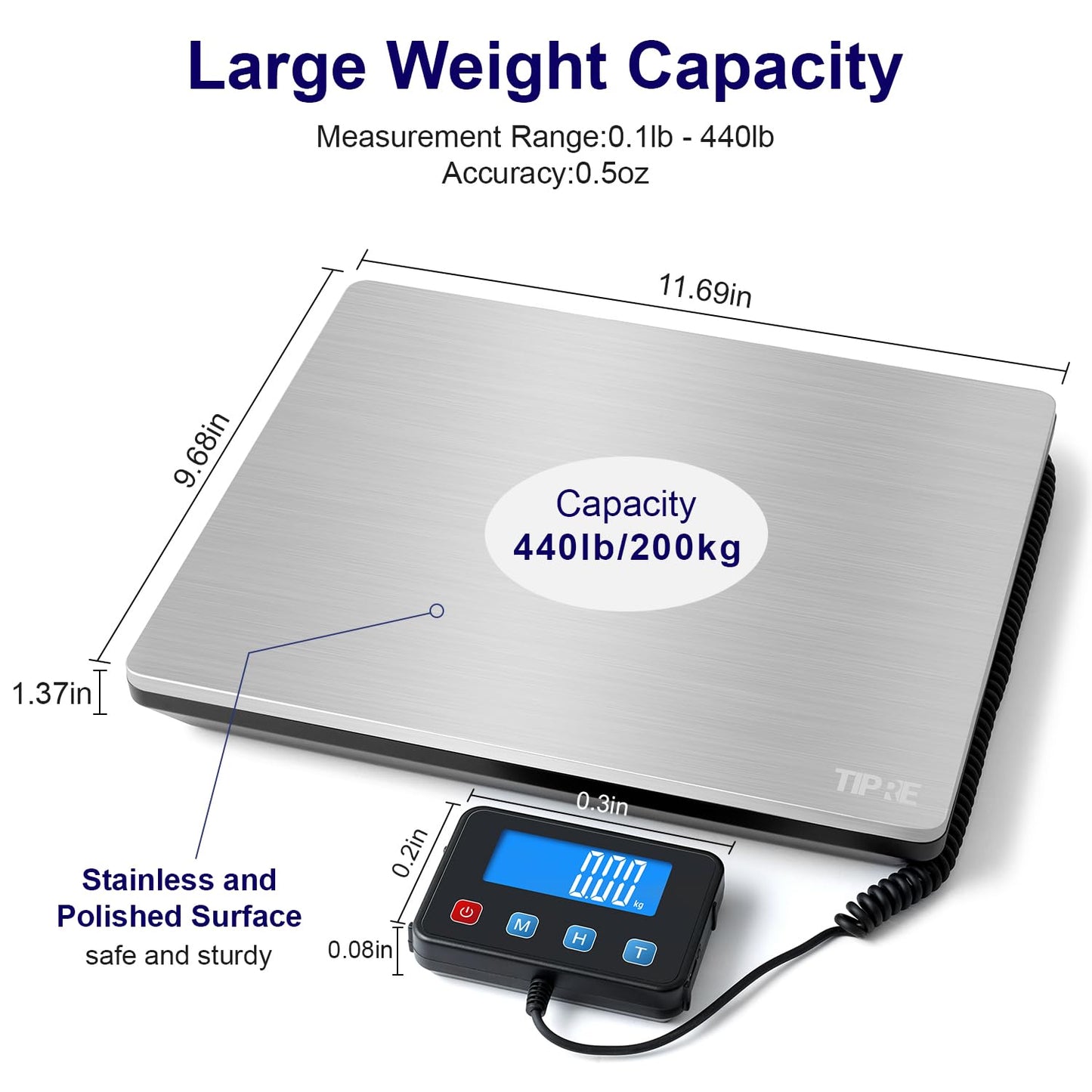 TIPRE Digital Shipping Postal Scale 0.5 oz High Accuracy!440lb Commercial Weight Scale for Package, Small Business, Mail, Warehouse, Home, Battery & Charging Cable Included