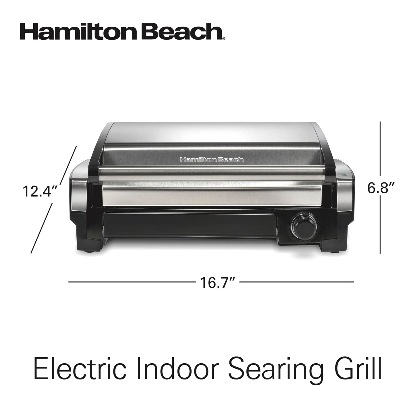 Hamilton Beach Electric Indoor Searing Grill with Adjustable Temperature Control to 450F, 118 sq. in. Surface Serves 6, PFAS-Free Removable Nonstick Grate, Stainless Steel (25360)