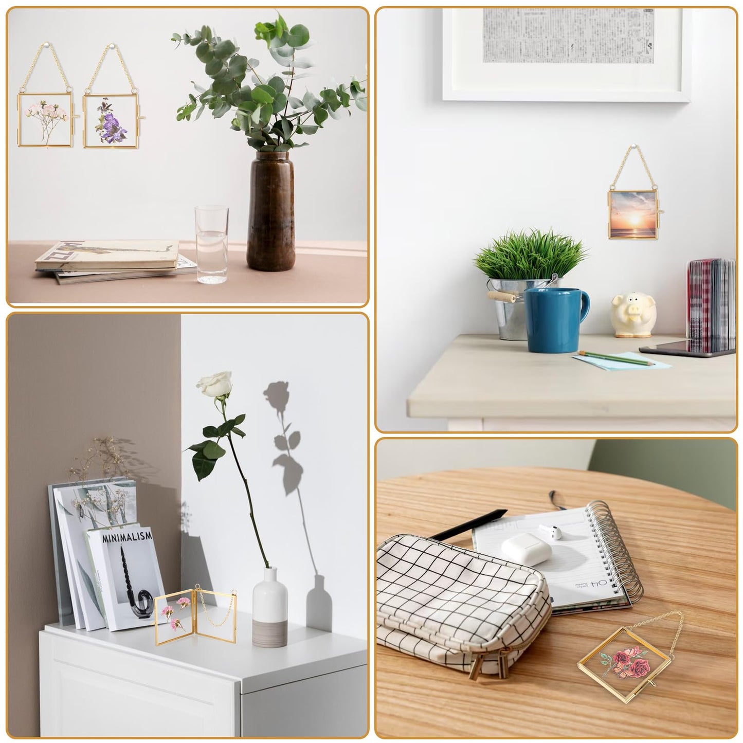 6pcs Glass Frames for Pressed Flowers Gold Mini Glass Hanging Frame 2.7x2.7x0.3 Inch Square Mini Metal Picture Frame Ornaments Clear Double Sided Glass Floating Frame Hanging Artwork Display Frame