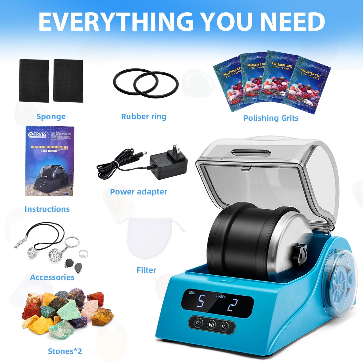 Rock Tumbler Kit Adults - Rock Polisher Tumbler with Noise Reduction Cover, Speed&Timer Control, Includes 4 Polishing Grits, Rough Gemstones, Learning Guide etc.(Blue)