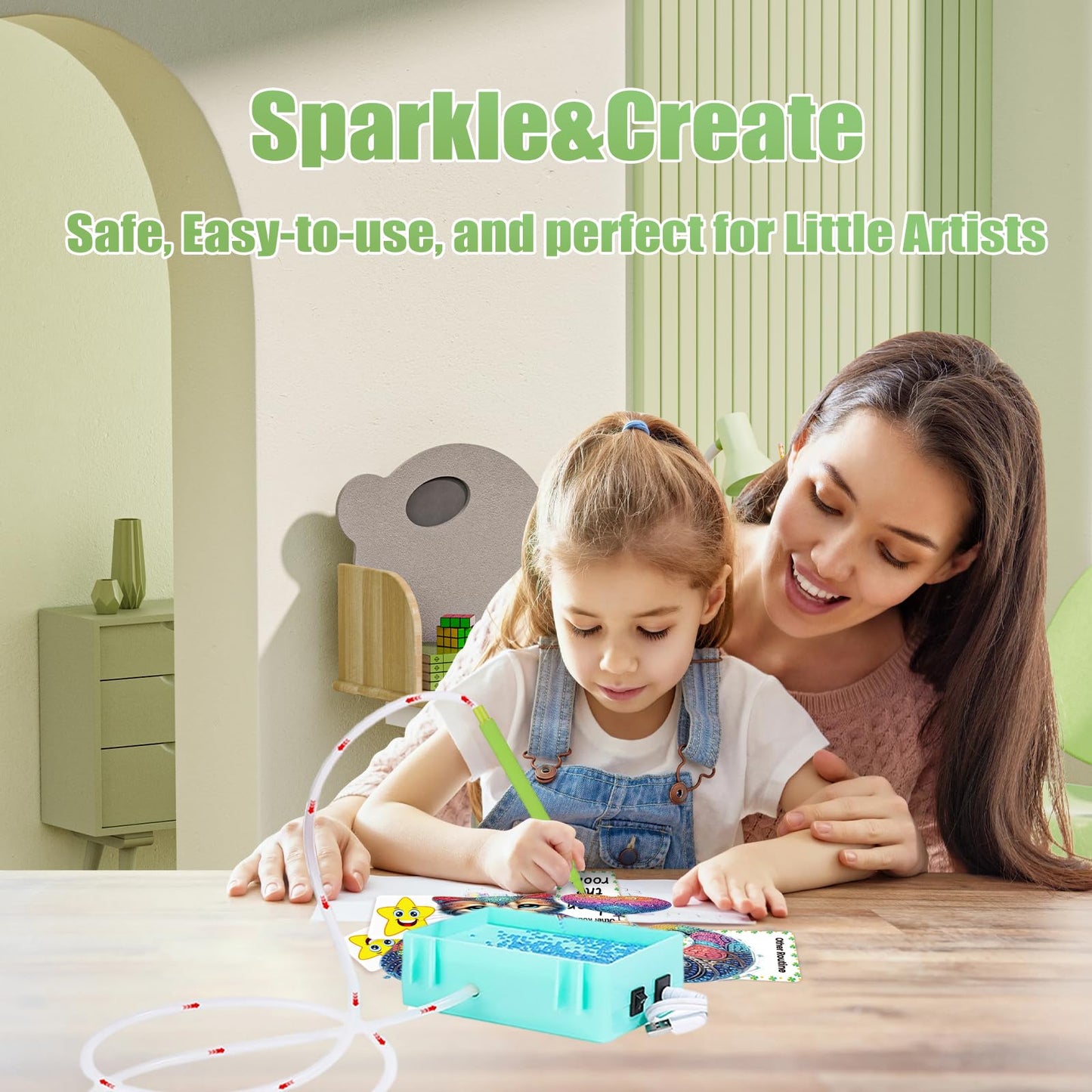 Vacuum Diamond Painting Pen Kit - Electric Bead Picker Upper Tool with Storage Tray, No Wax Needed, USB Powered Rhinestone Applicator for Round/Square Drills, DIY Art Craft Accessories (Green-01)