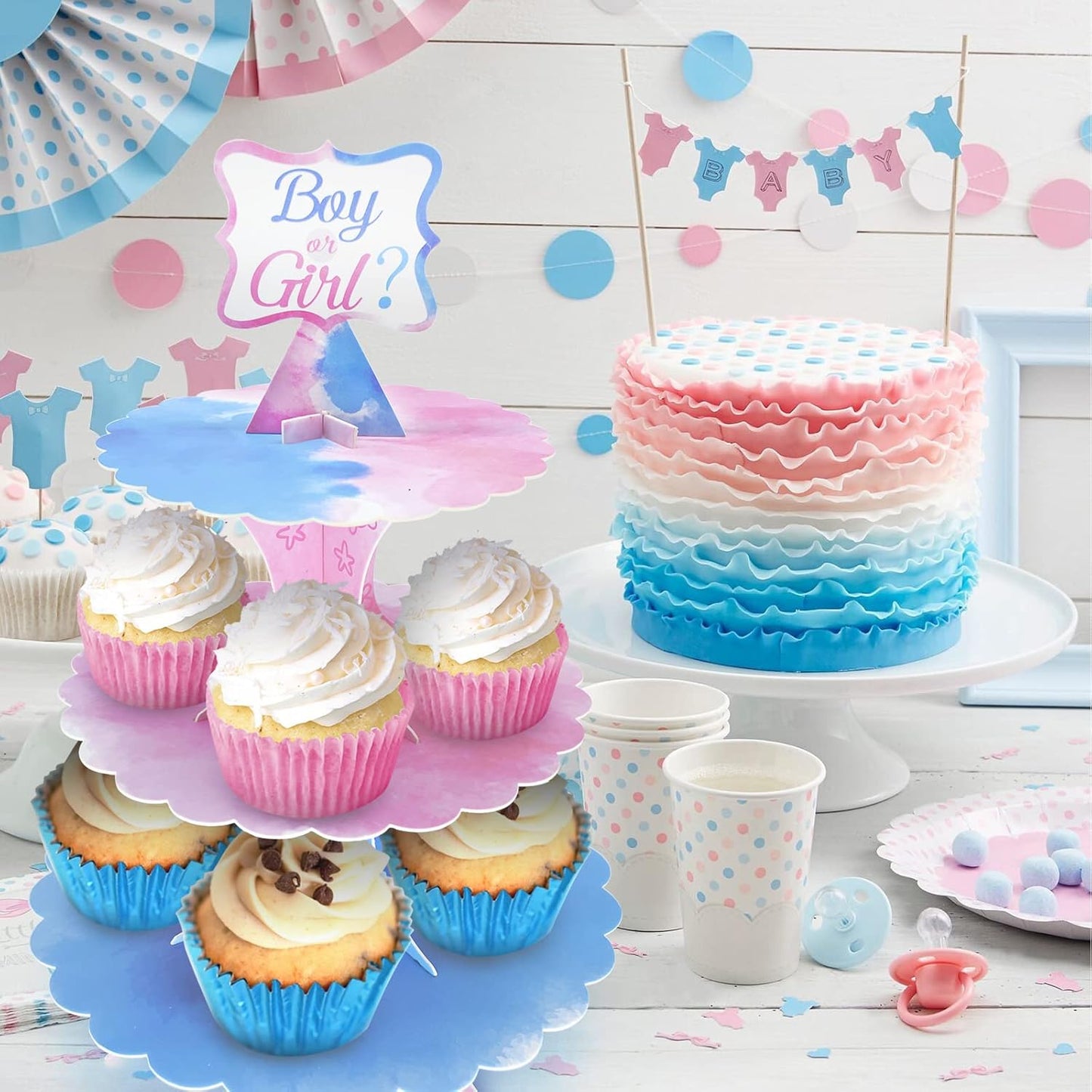 Gender Reveal Cupcake Stand, 3 Tier Cardboard Cake Stand for Blue and Pink Party Decorations