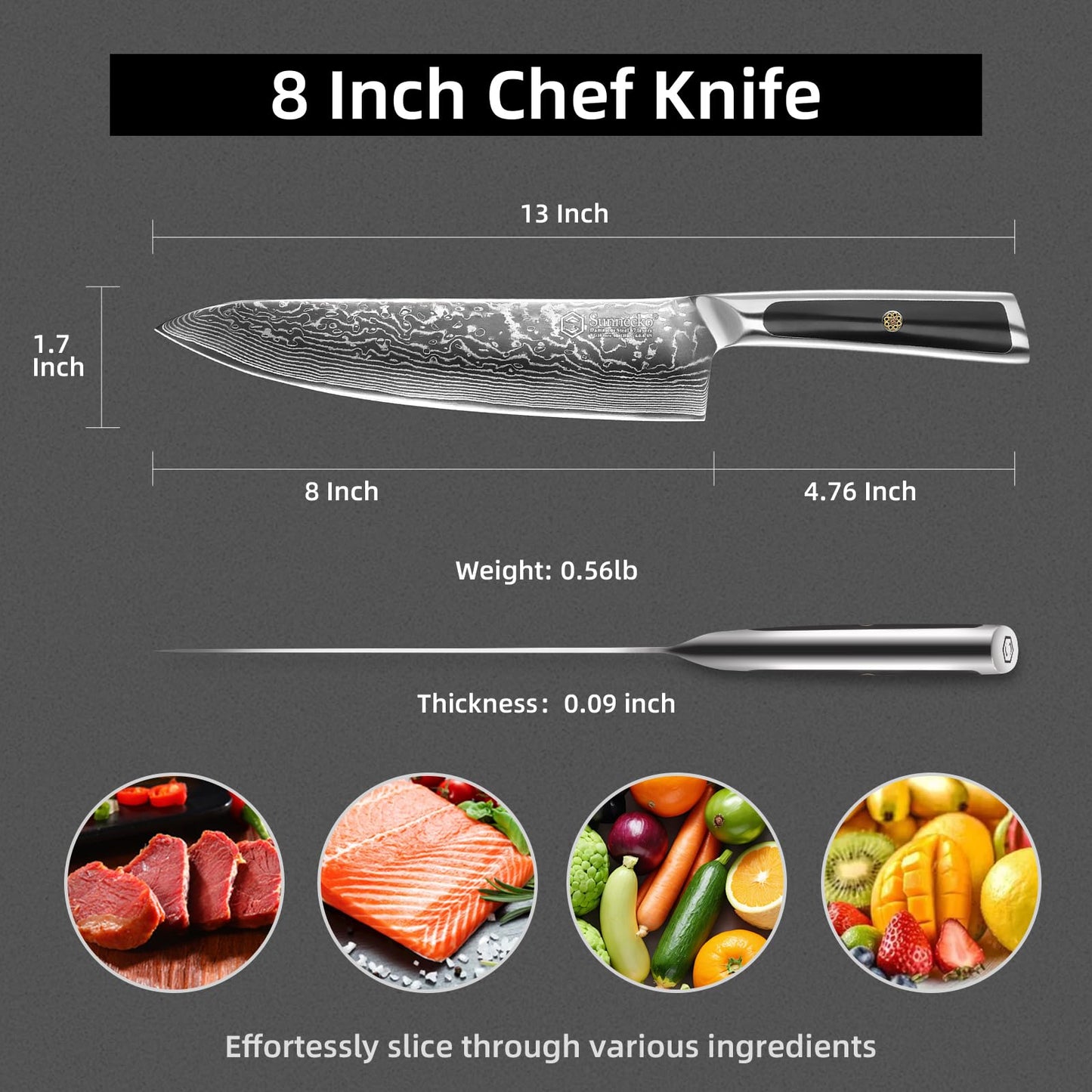 Sunnecko 8 Inch Japanese Damascus Chef Knife - Ultra Sharp 10-12 Degree Edge VG10 67 Layers Kitchen Cooking Knives for Meat, Vegetable & Fruit, Full Tang Forged Blade, Premium Father Day Gift Box