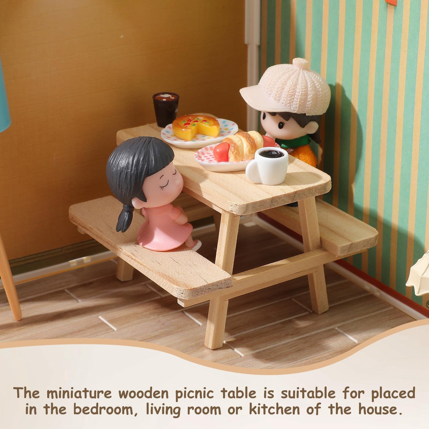 Garneck 1/12 Scale Miniature Dollhouse Picnic Table and Chairs Set: Wooden Tiny Dollhouse Furniture for DIY Micro Scenes Fairy Garden Decoration & Photography Prop