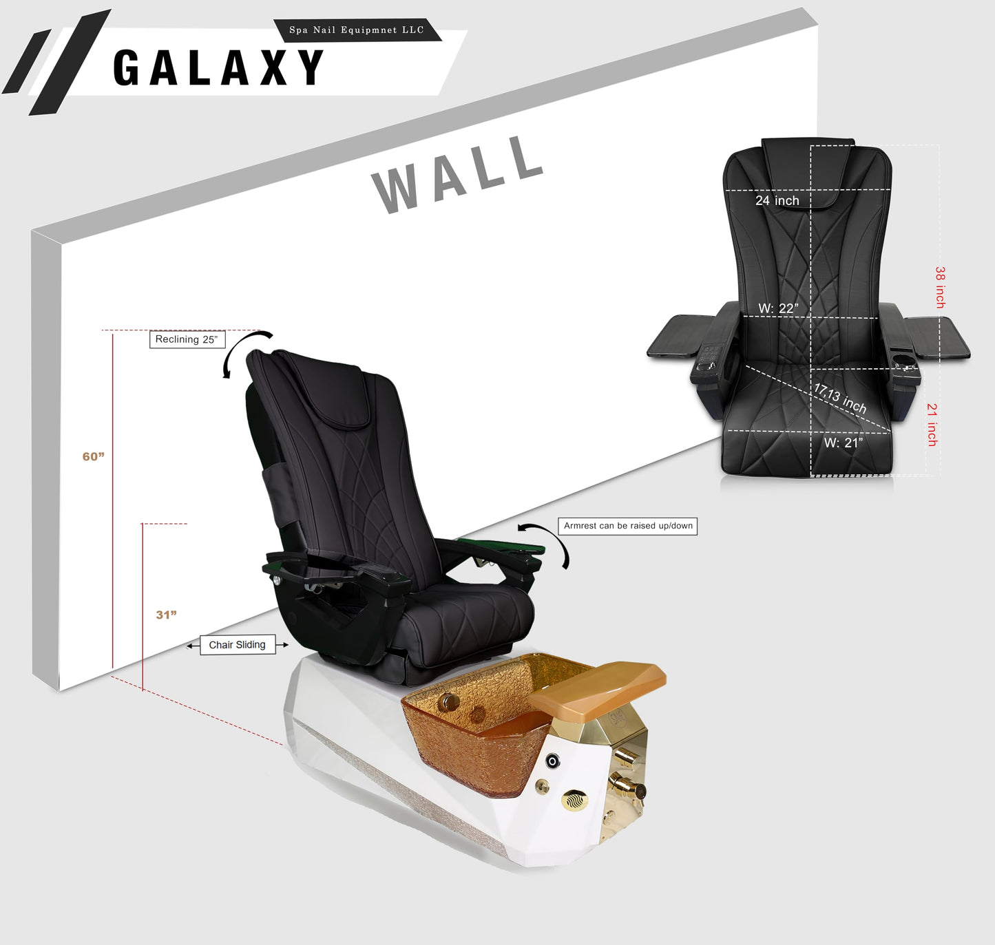 Galaxy Professional Nail Salon Furniture Set – Luxury Pedicure Spa Chair, Manicure Table & Technician Stools (Black Set, Espresso Table)