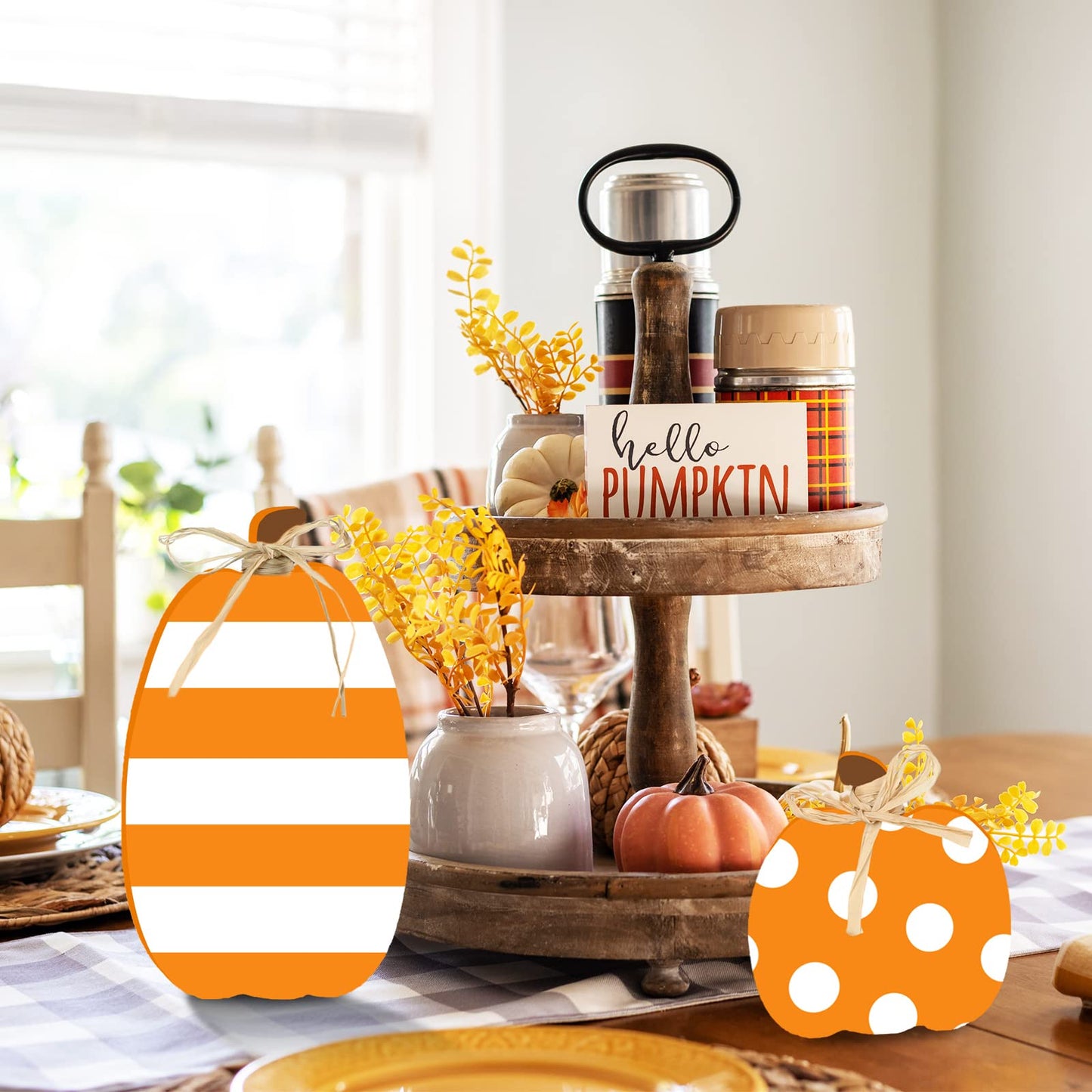 Whaline 3Pcs Unfinished Fall Pumpkin Wooden Cutout with Natural Raffia Pumpkin Shaped Tiered Tray Decor Pumpkin Wooden Table Sign for Autumn Thanksgiving Halloween Home Office Table Decor DIY Crafts