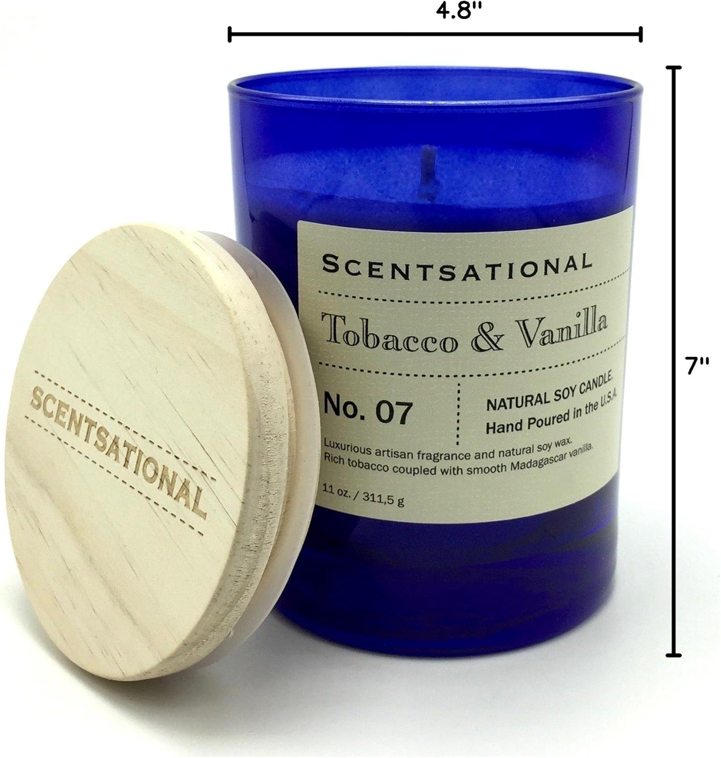 Scentsational Tobacco and Vanilla Natural Soy Candle - 11 oz - Hand Poured Blue Jar with Wooden Lid - Earthy Sweet Smell
