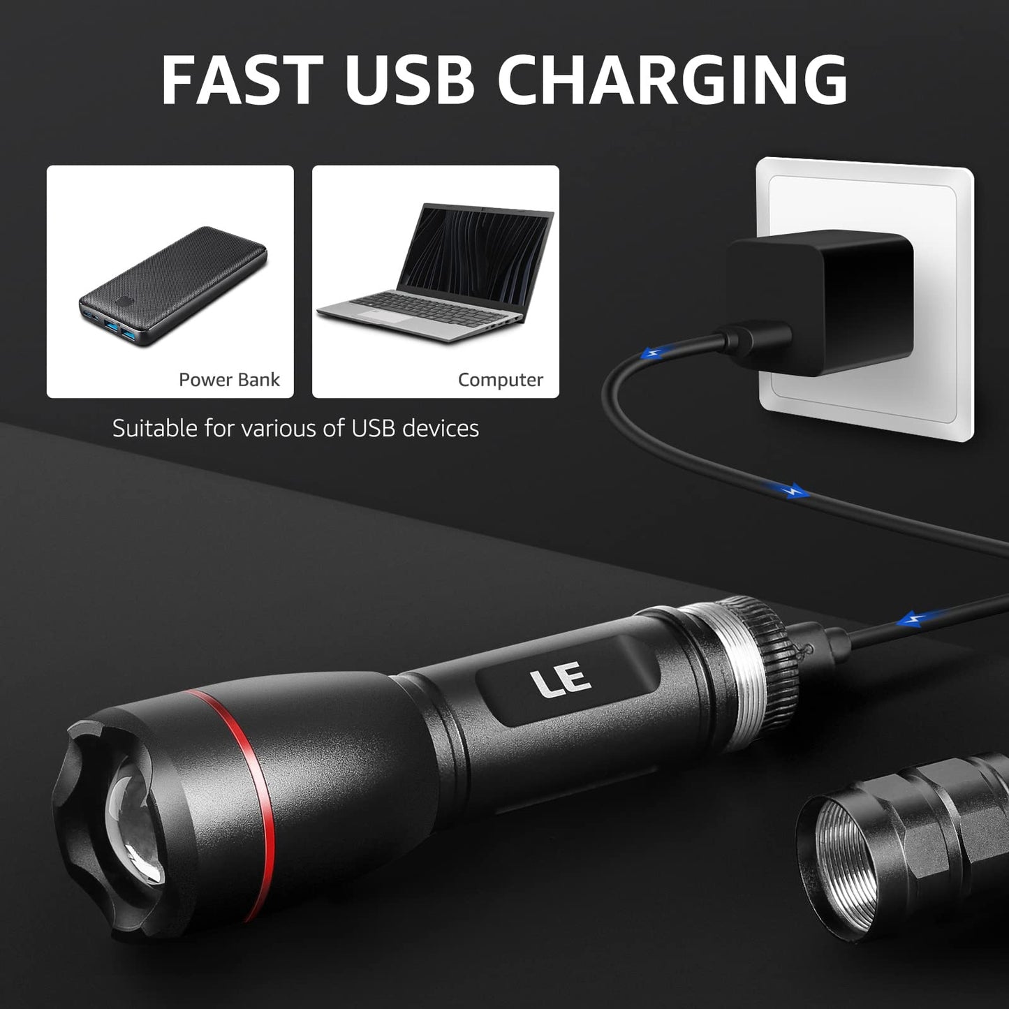 Lepro LED Rechargeable Flashlight, LP3000 High Lumens, Zoomable, Bright Flashlight, Waterproof, 5 Lighting Modes, Small Handheld Flashlight for Camping, Emergencies, USB Cable Included