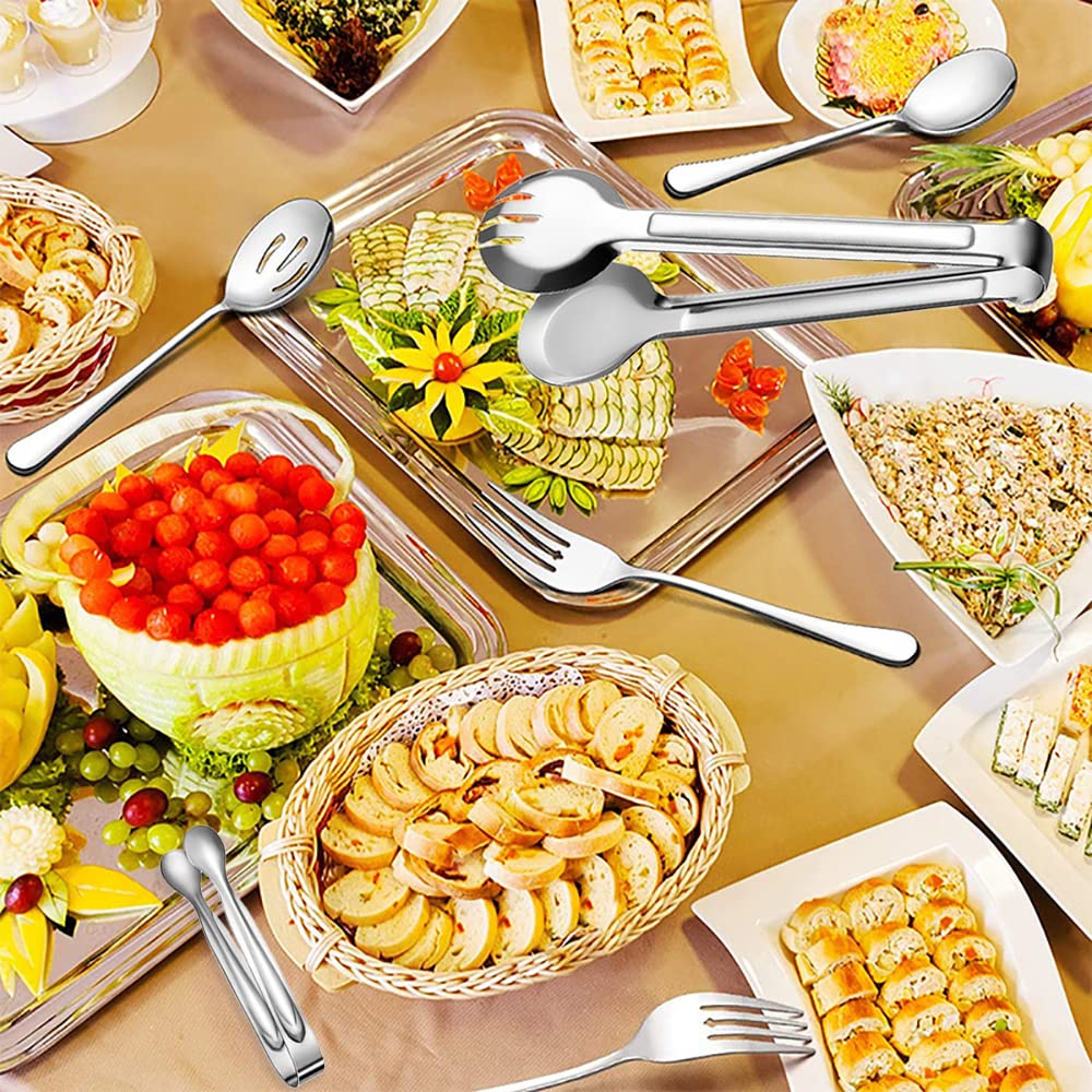 IAXSEE 10 PCS Stainless Steel Serving Utensils, Large Serving Spoons Slotted Spoons, Serving Forks, Serving Tongs, Ice Suger Tongs, Metal Utensils Set Great for Buffet Catering Banquet Party (silver)