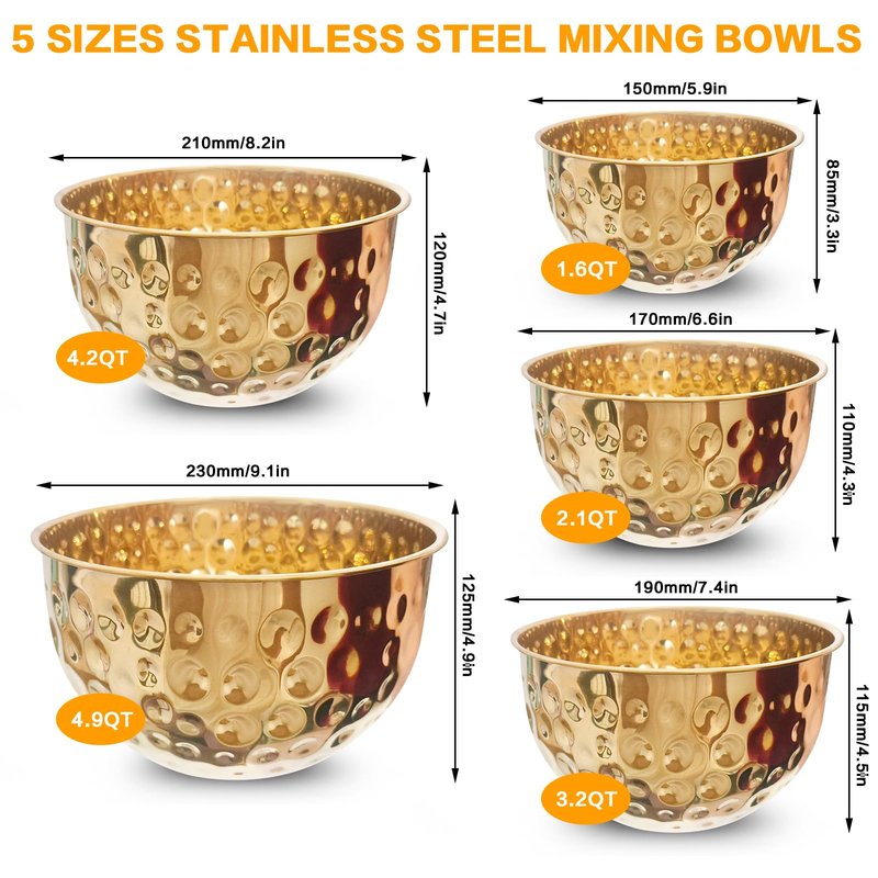 YEJZXY Stainless Steel Mixing Bowls Set, 5PCS Gold Hammered Bowls, 4.9/4.2/3.2/2.1/1.6QT Mixing Bowls for Kitchen, Nesting Design Serving Bowls
