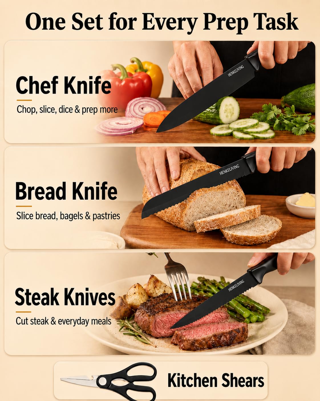 HENKELIVING Knife Set, 14-Piece Black Dishwasher Safe Kitchen Knife Block Set with Built-In Sharpener, German High Carbon Stainless Steel Blades, Ultra Sharp Knives with Ergonomic Non-Slip Handles
