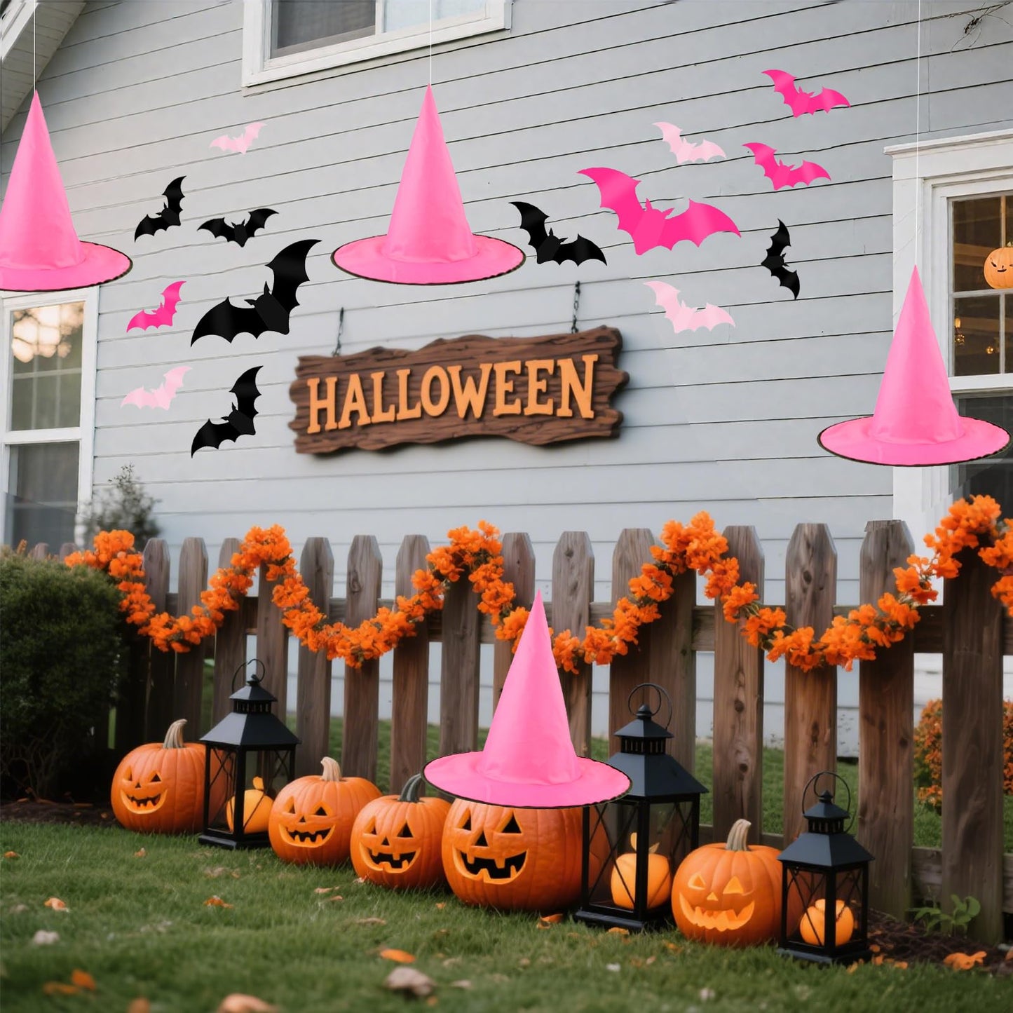 Cmaone 12 Pcs Pink Witch Hat with 109 Yards Hanging Rope 24 Pcs 3D Bat Stickers Black Pink Scary Halloween Hanging Decoration for Witch and Princess Theme Party