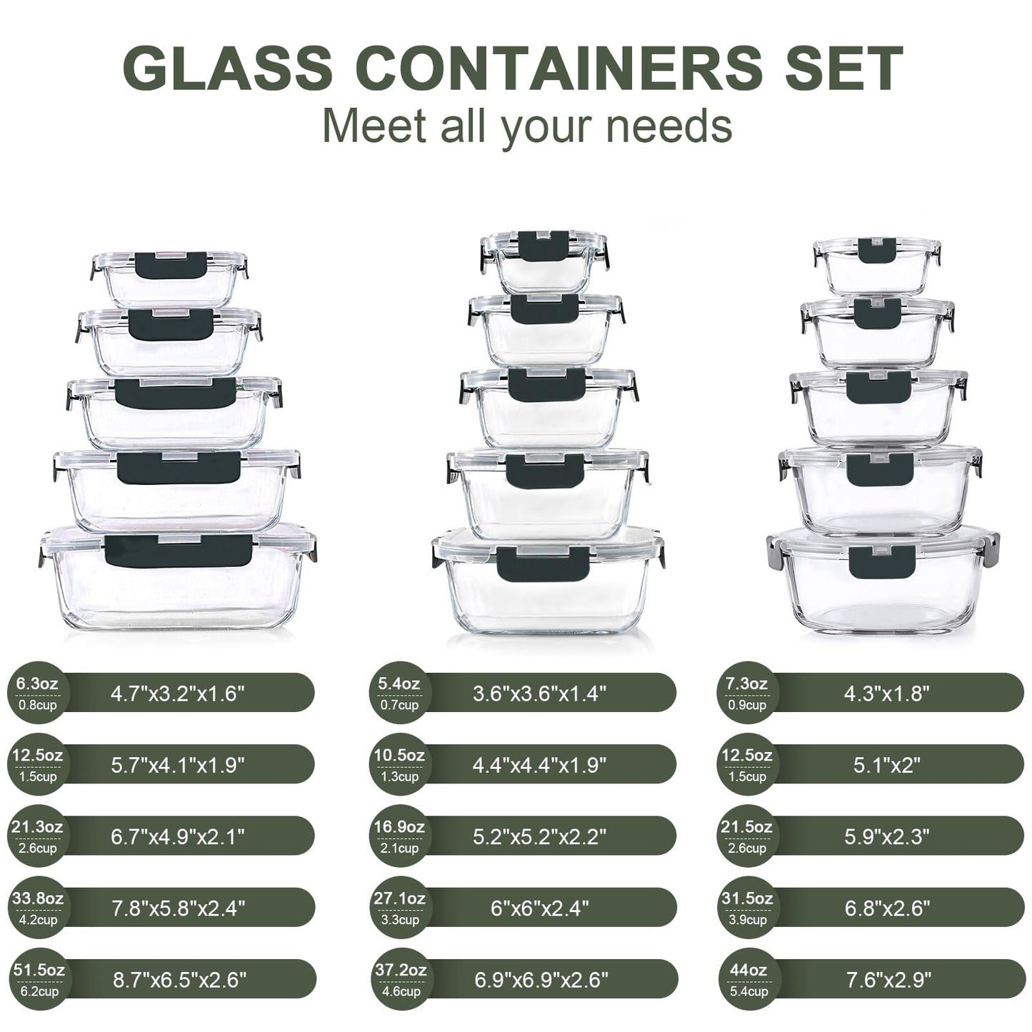 KOMUEE 30 Pieces Glass Food Storage Containers Set, Glass Meal Prep Containers Set with Snap Locking Lids, Airtight lunch Containers for Microwave, Oven, Freezer & Dishwasher,Gray