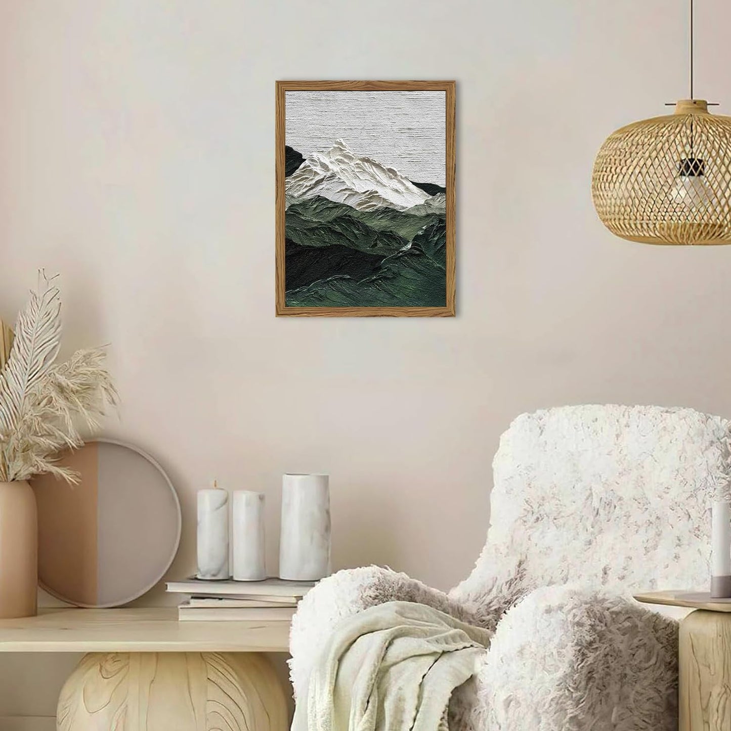 Framed 3D Textured Mountain Wall Art, Abstract Green Snow Mountain Landscape Wall Decor Paintings, Hand Drawn Sandstone Modern Aesthetic Home Decor Pictures for Living Room Bedroom Office 12x16 inch