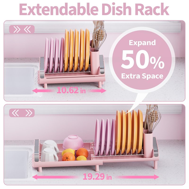 TOOLF Small Dish Drying Rack, Mini Expandable Compact Dish Rack, Slim Extendable Stainless Steel Dish Drainer for Kitchen Plate Storage, Space Saving Dish Strainer in Sink or on Home Countertop, Pink
