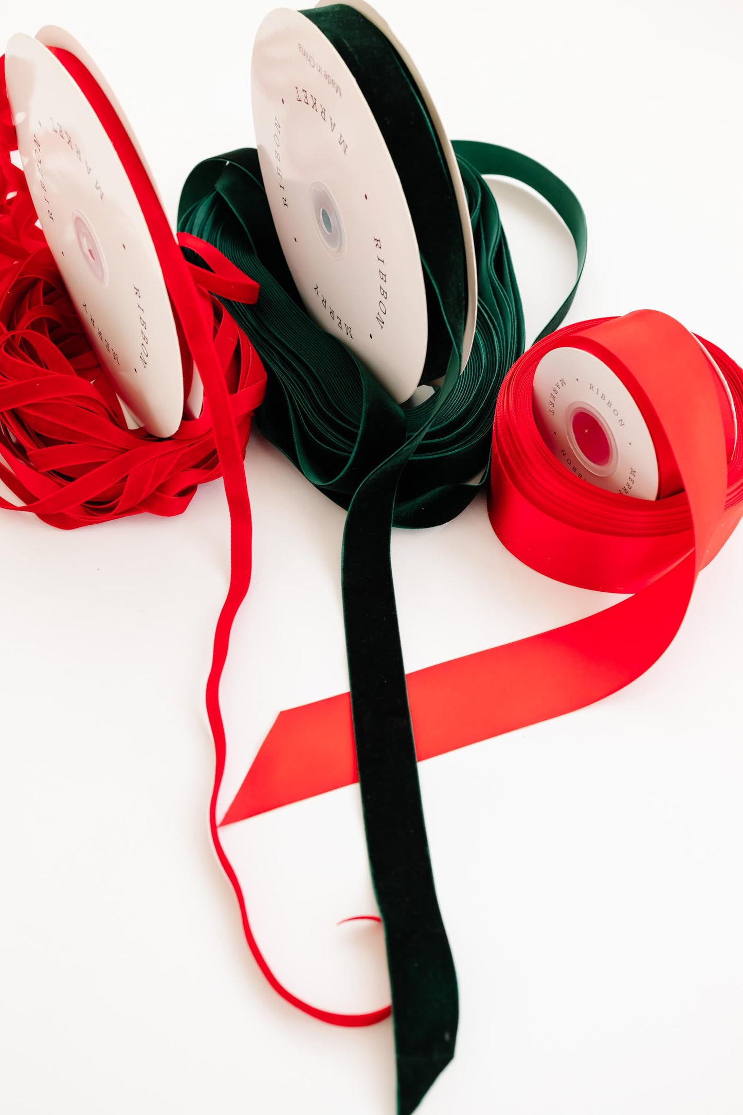 Christmas Gift Wrapping Ribbon Set, 3 Rolls, 60 Yards Total, Red Velvet, Red Satin & Dark Green Velvet Minimal Holiday Ribbons by Merry Market (Bundle 2)