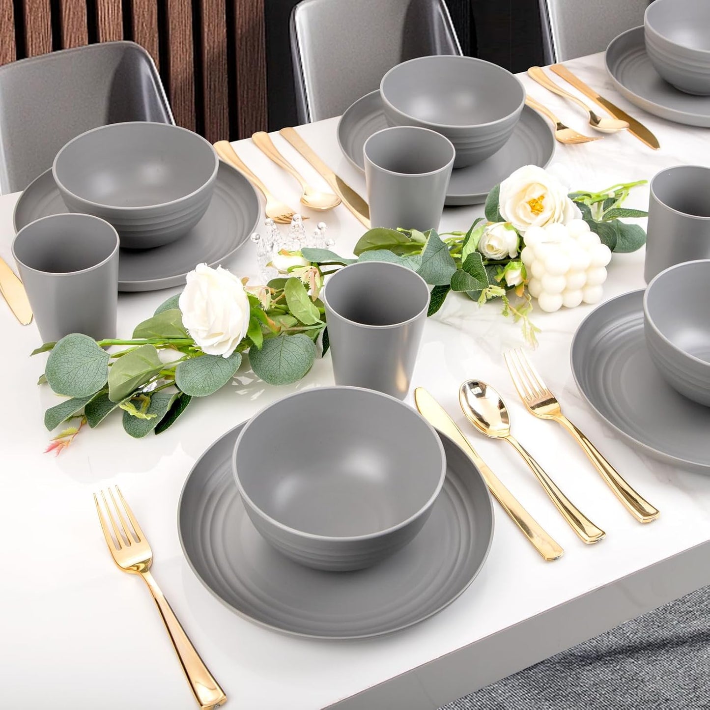 LIYH 36pcs Grey Wheat Straw Dinnerware Set - Reusable Plastic Plates and Bowls, Dishwasher Safe