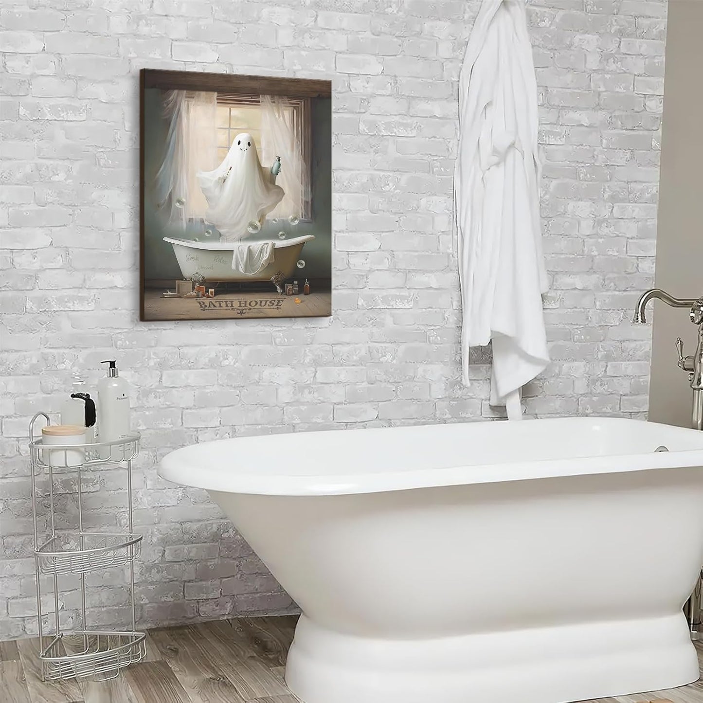 Funny Ghost Bathroom Canvas Wall Art - White Ghost Picture for Farmhouse Bathroom Decor, Framed 12"x16"