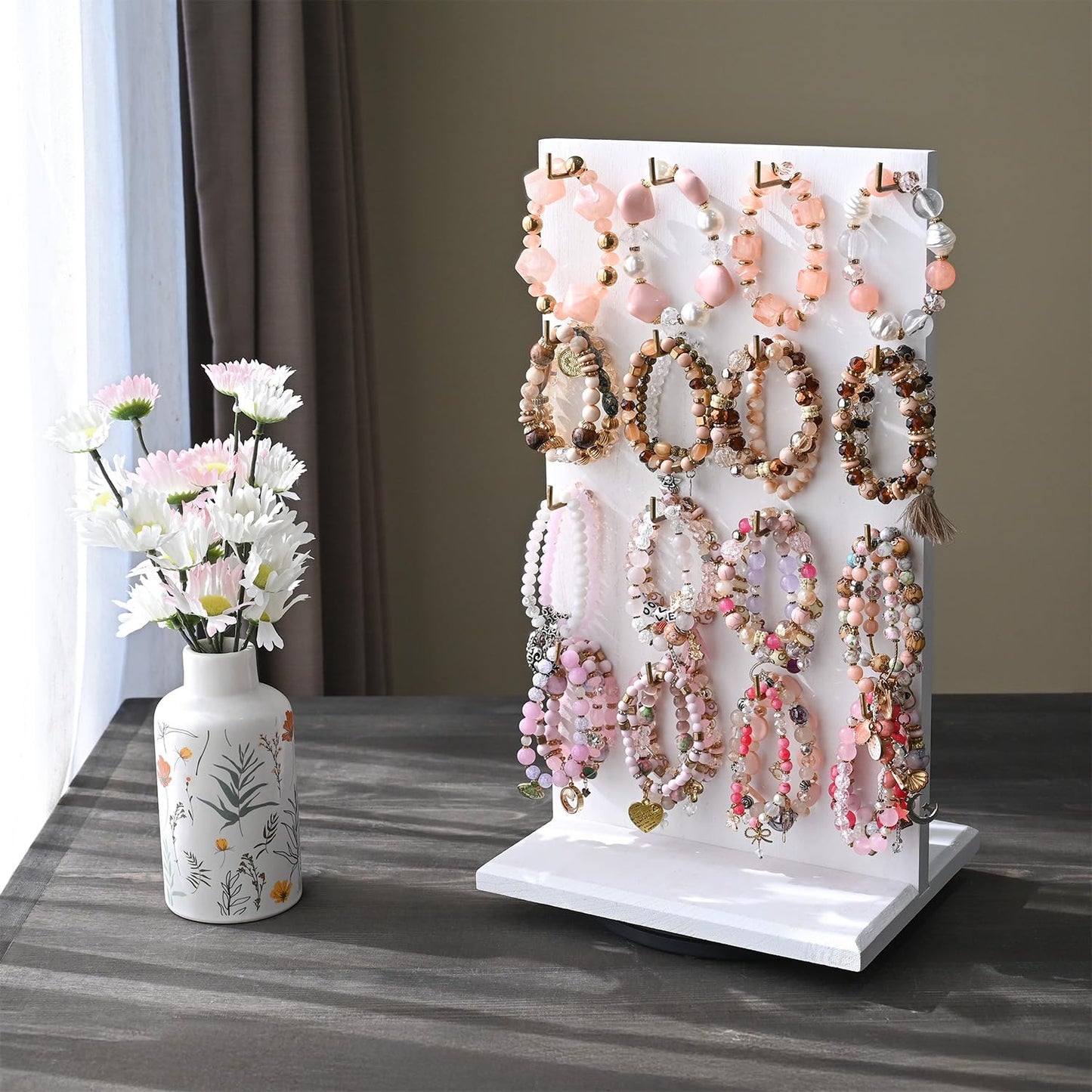 MOOCA Wooden Rotating Two-Sided Jewelry Display Stand, Rotating Organizer with 32 Long Hooks for Store, Keychain Earring Display, White color, 9.1W x 7.5 D x 17.1 H in