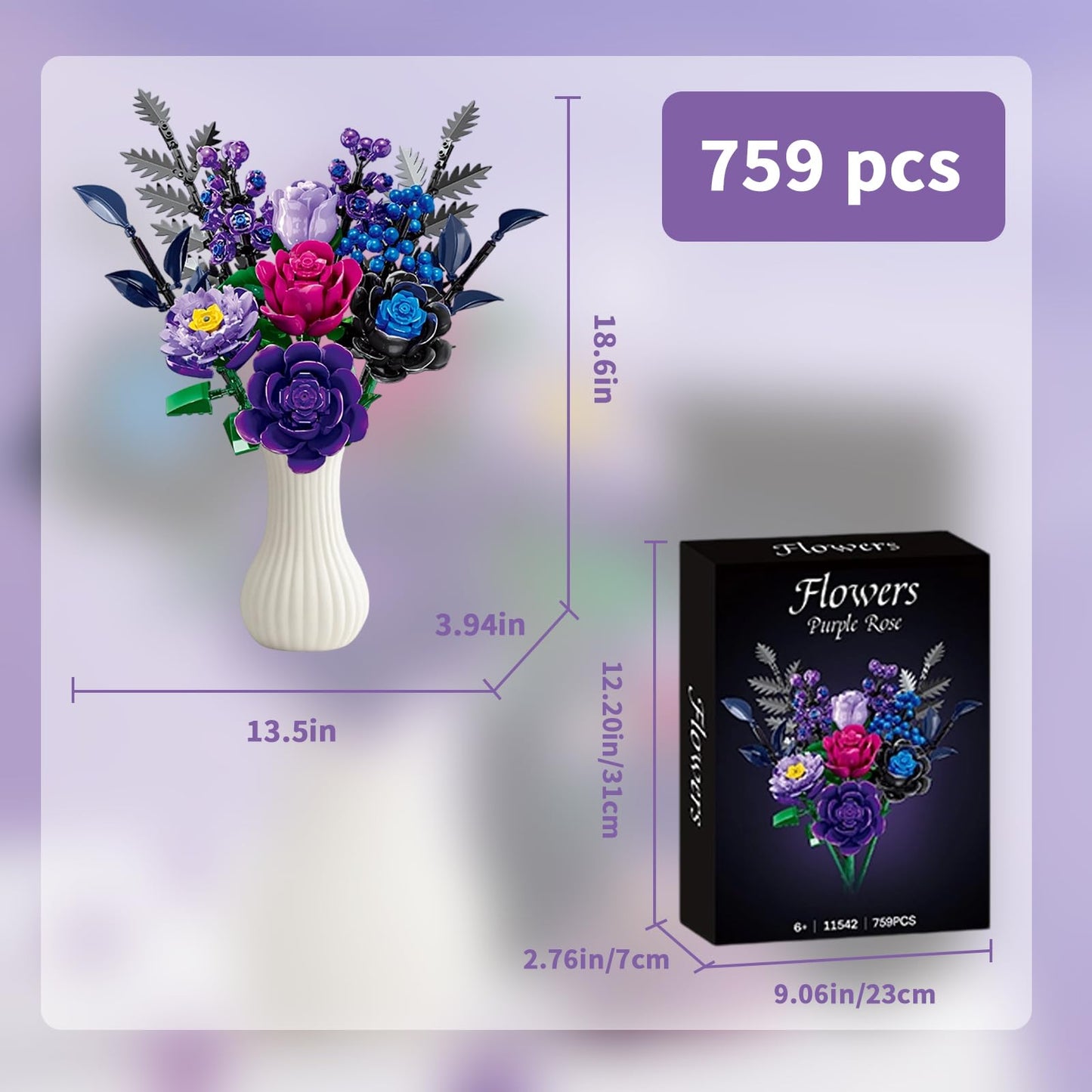 YOIUSFR 759 Pcs Purple Rose Flower Bouquet Building Set, Botanical Collection Kit Artificial Fake Flowers Blocks, Home Table Decor Aesthetic for Gifts for Birthday, DIY Craft