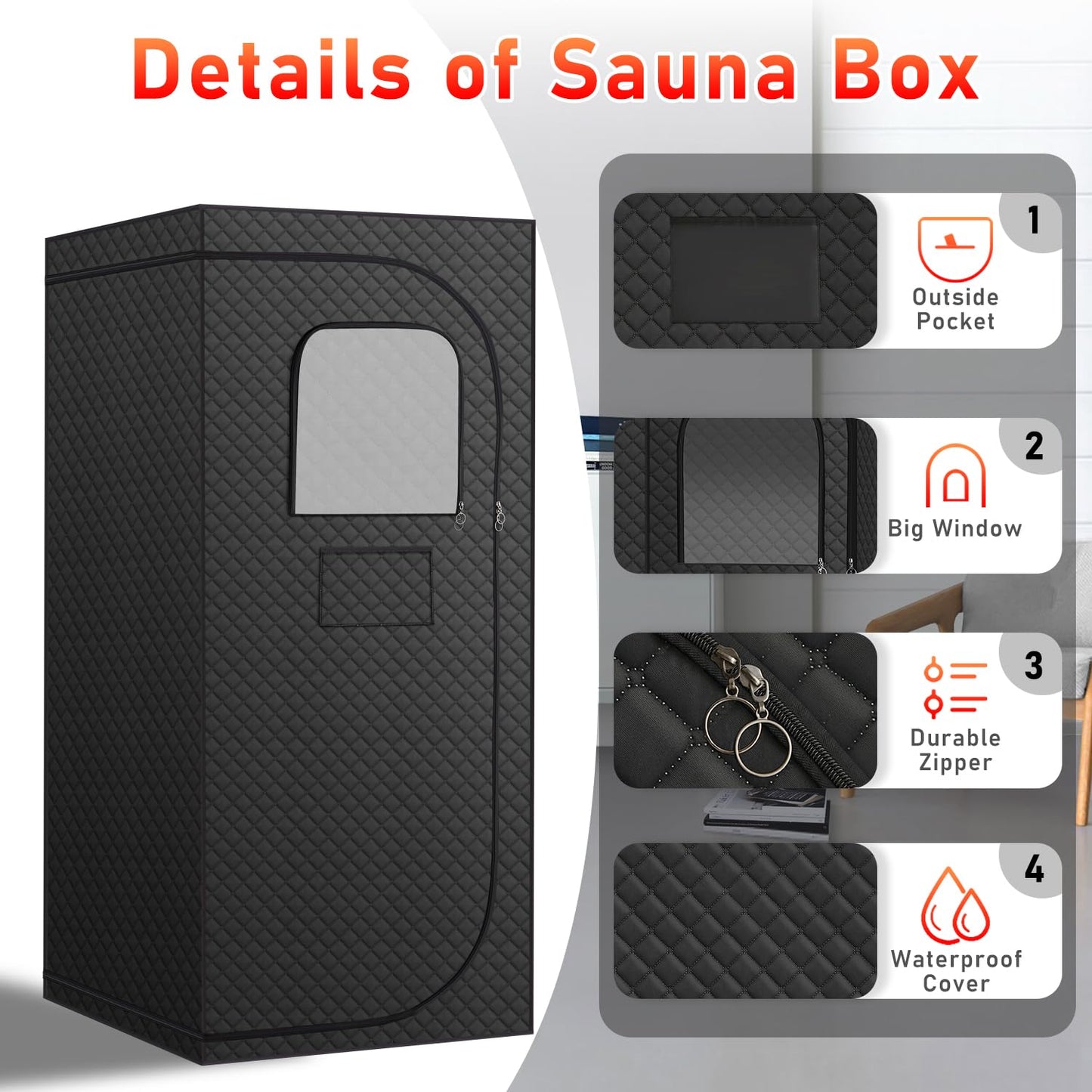 Fulove Portable Infrared Sauna Room, Dry Sauna Tent for Detoxification and Relaxation with Red Light Therapy and Folding Chair, 9 Levels, 32″×35″×71″