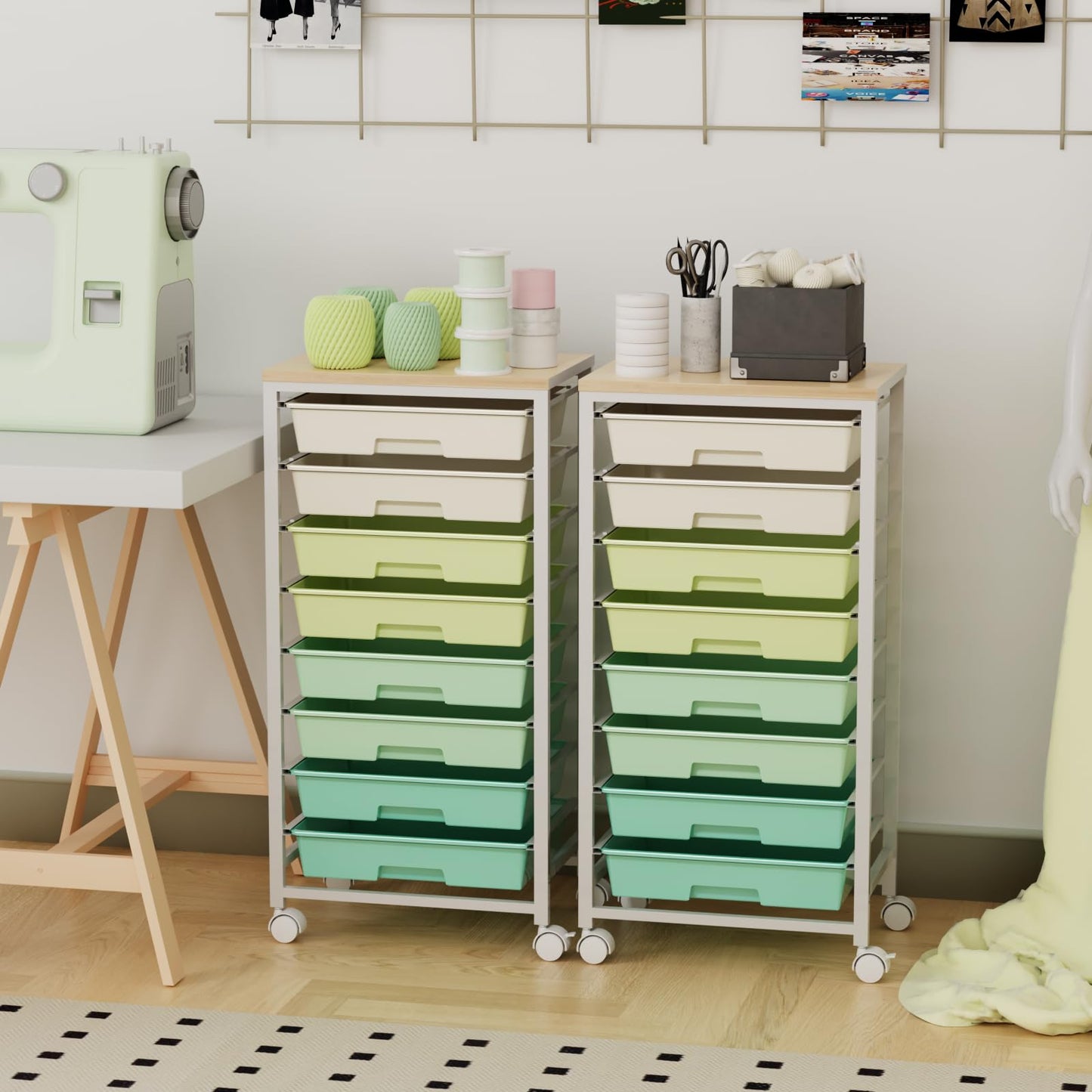Rolling Storage Cart with 8 Drawers & Wooden Tabletop, Utility Cart On Wheels for Craft Storage, Home, School, Bedroom, Living Room, Dorm, Office, Classroom Storage Organizer Cart, Green, White