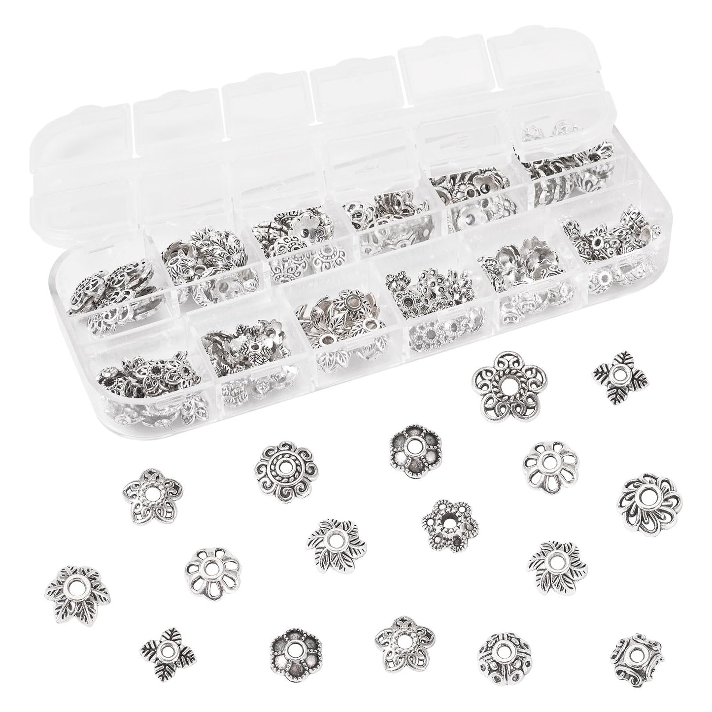 Craftdady 230pcs Antique Silver Bead Caps Tibetan Alloy Flower Bead Caps Metal Multi Petal Spacer Beads Vintage End Caps Beads 6.9 mm-10 mm for DIY Craft Earring Bracelet Jewelry Making
