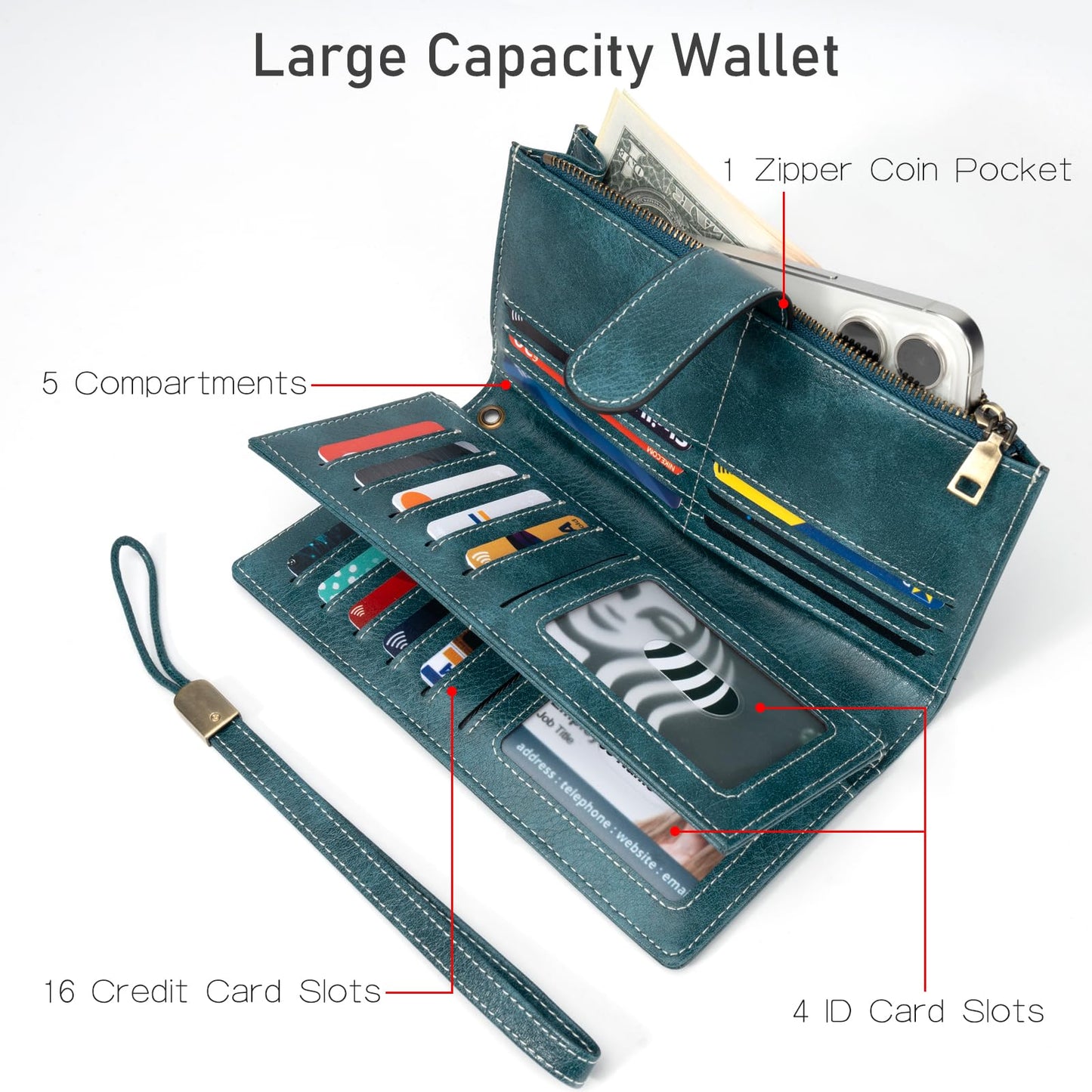 XINNSTAR Womens Wallet RFID Blocking Large Capacity Credit Card Holder Long Purses for Women with Wristlet Pocket ID Window