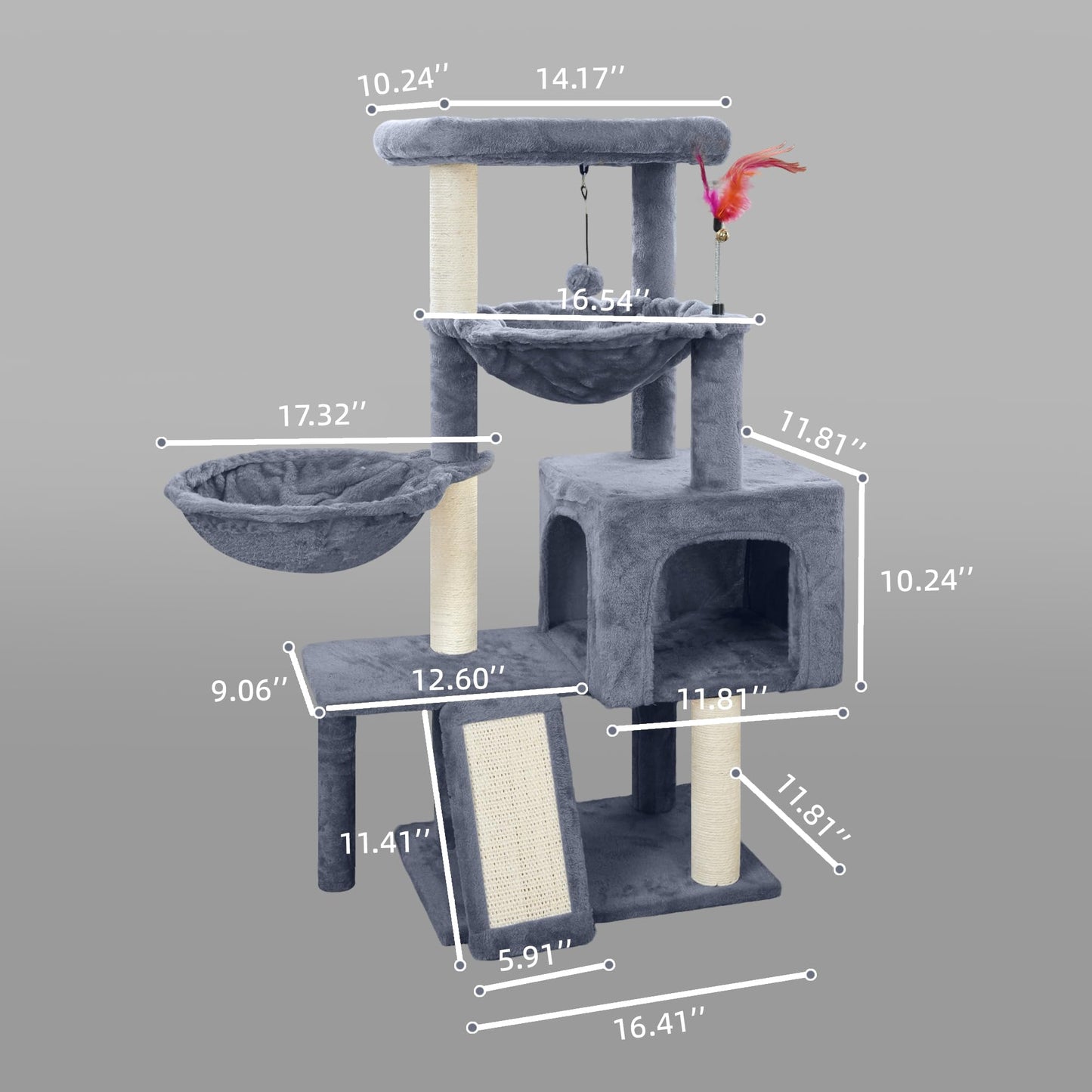 Tuaoeef Cat Tree with Cat Condo and Two Hammocks, Cat Tree with Scratching Posts and Scratching Pads, Cat Tower for Indoor Cats, Activity Centre Climbing Tree with Playful Toy Balls, Grey