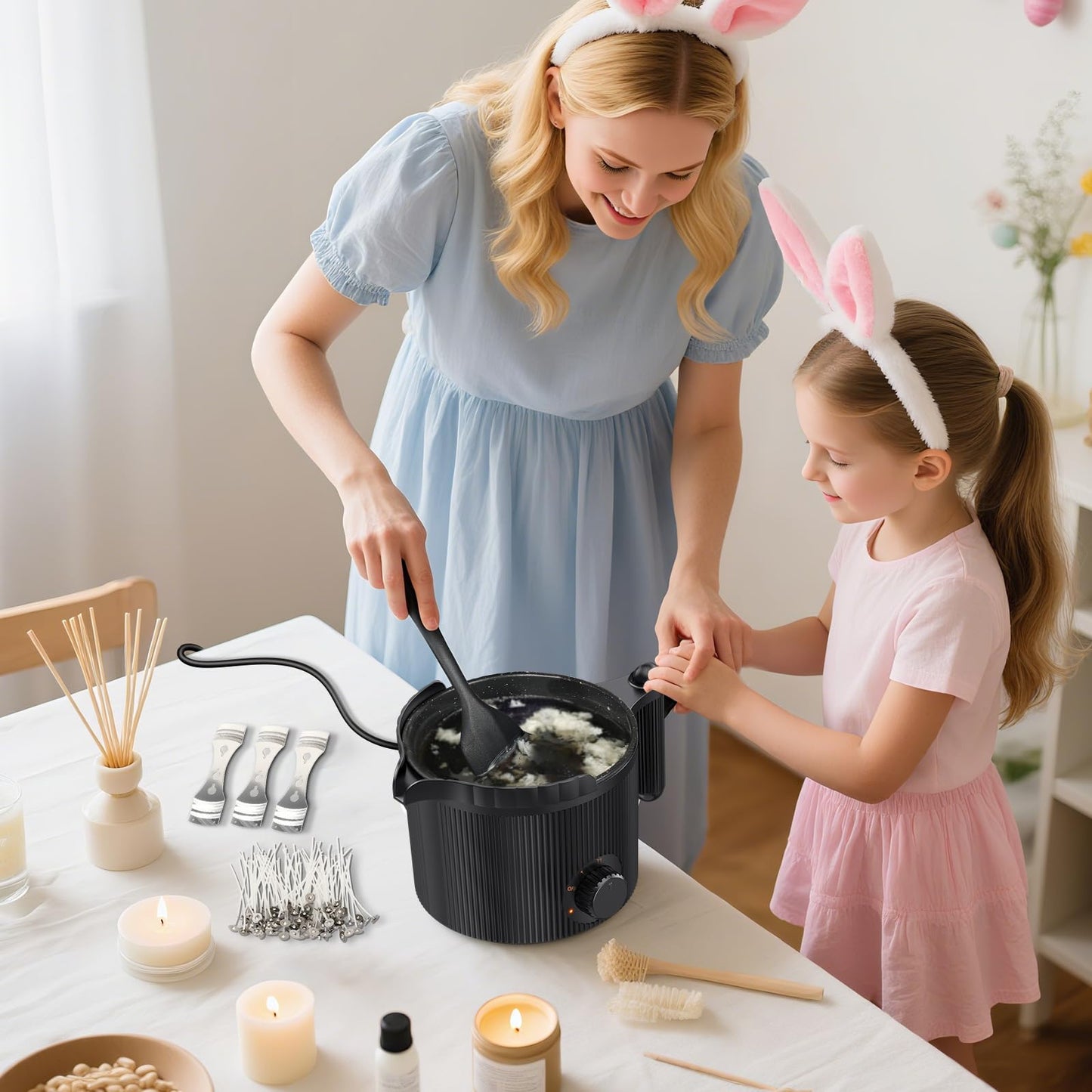 Candle Wax Melter with Pour Spout, Candle Making Kit for Adult Beginners, for Candle Making, Set Includes Wax Melting Pot, Stirring Spoon, Thermometer, Wick, Wick sticker and Centering Device - Black