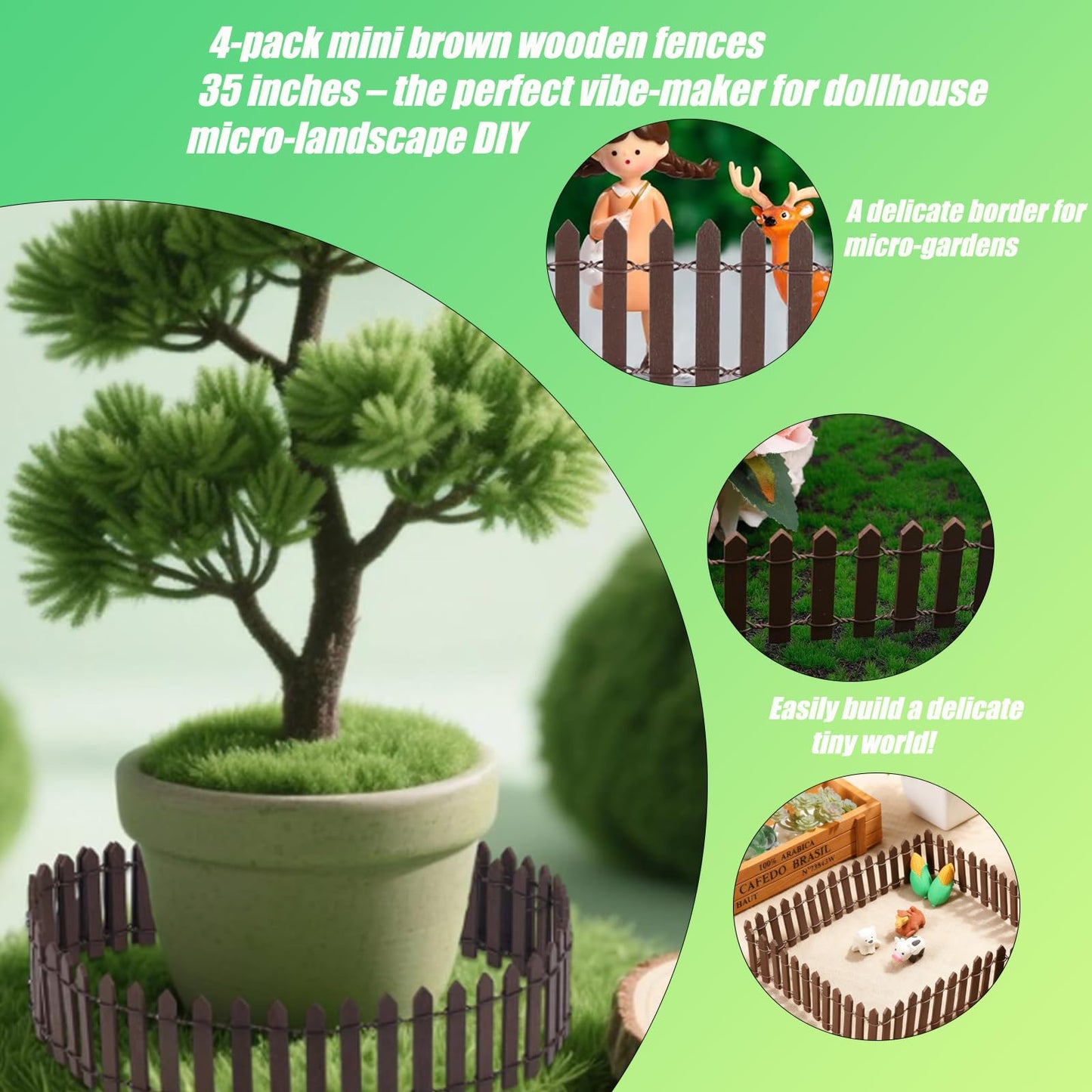 Fjxxxn 4-Pack 35-Inch Mini Garden Fences,Brown Wood Picket Fairy Garden Fence & Christmas Village Accessories for Dollhouse, Miniature Landscape & Plant Pot DIY Displays