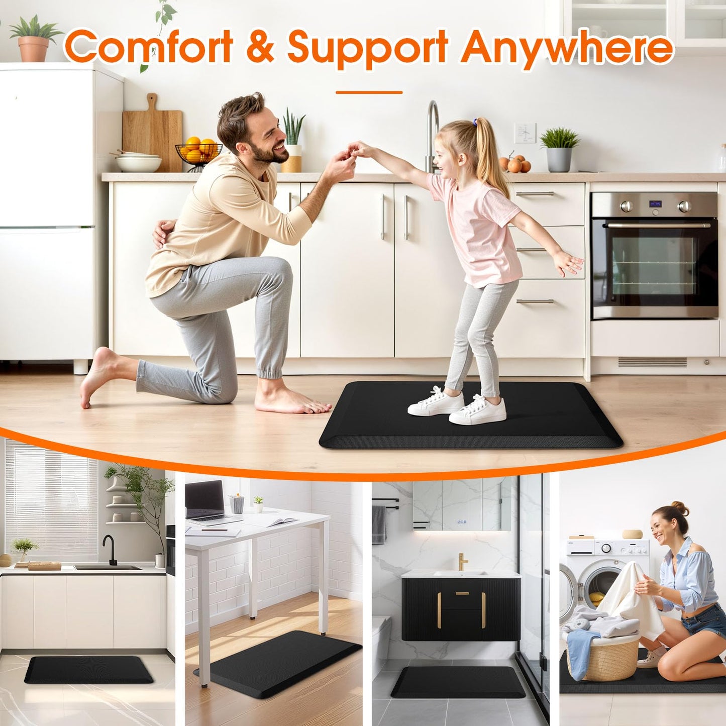 TranquilRelax Kitchen Mat, Cushioned Thick Floor Comfort Mat, with Non-Slip Bottom, Water & Stain Resistant, Easy Clean Standing Desk Mat for Kitchen, Sink, Office (17.3"x28", Black)