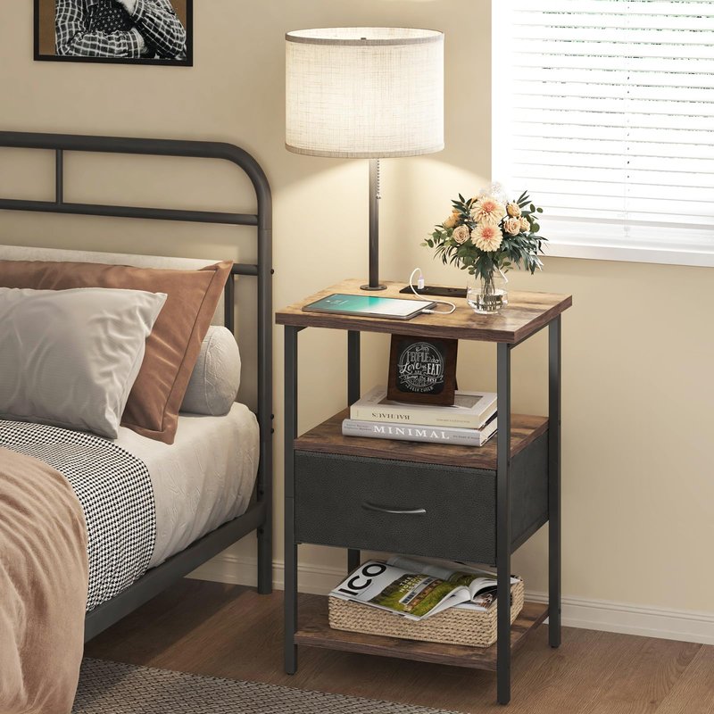 Fixwal Nightstand with Lights Bedside Table with 3 Color Temperatures Bulb, Night Stand with Charging Station End Table with Adjustable Fabric Drawer for Bedroom Dorm