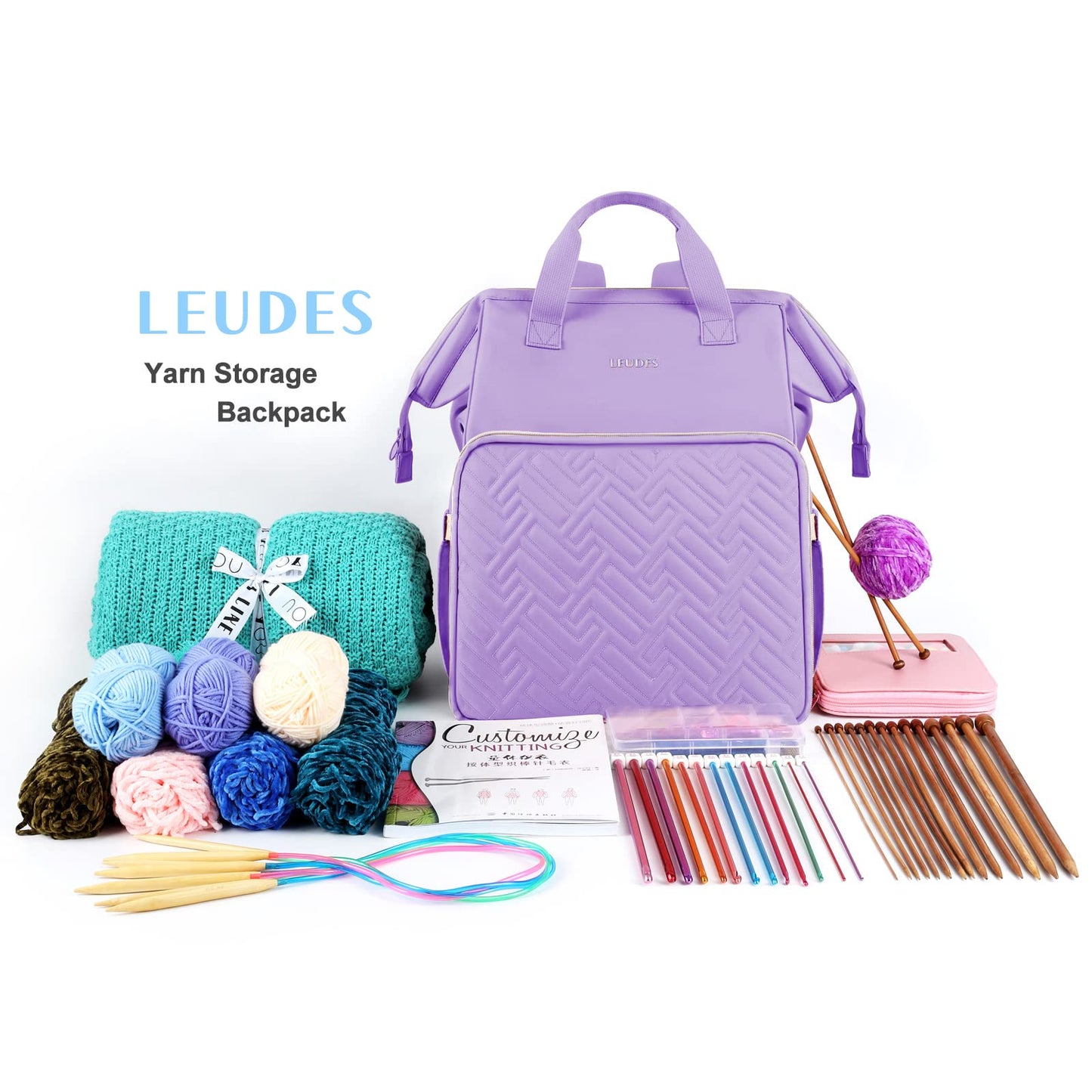 Leudes Knitting Bag Backpack,Yarn Storage Organizer Large Crochet Bag Tote Christmas Gift Yarn Holder Case for Carrying Projects,Knitting Needles (Purple)