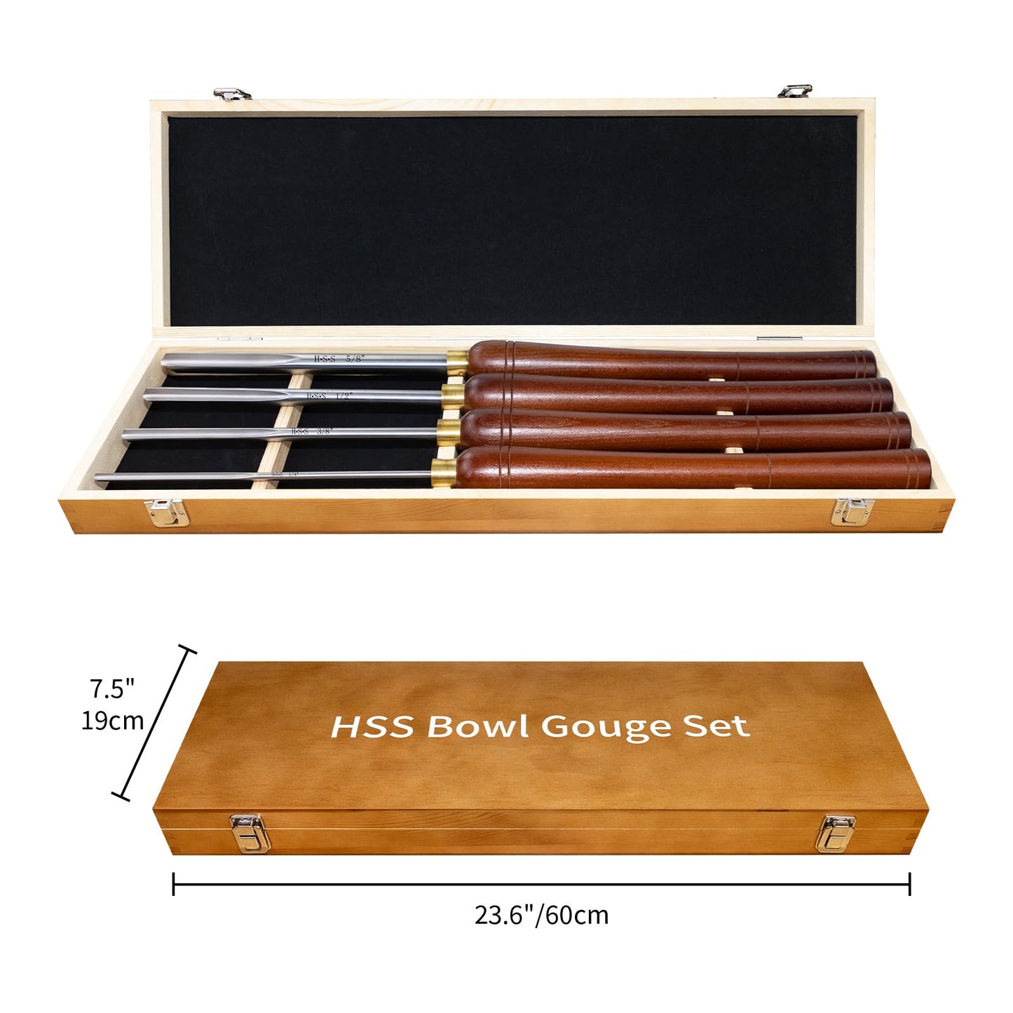 SIIIXS 4Pcs HSS Bowl Gouge Lathe Chisel Set with Side Grind, 1/4", 3/8", 1/2" and 5/8" Spindle Gouge for woodturning,Wood Lathe Bowl Turning Tools with Wooden Box