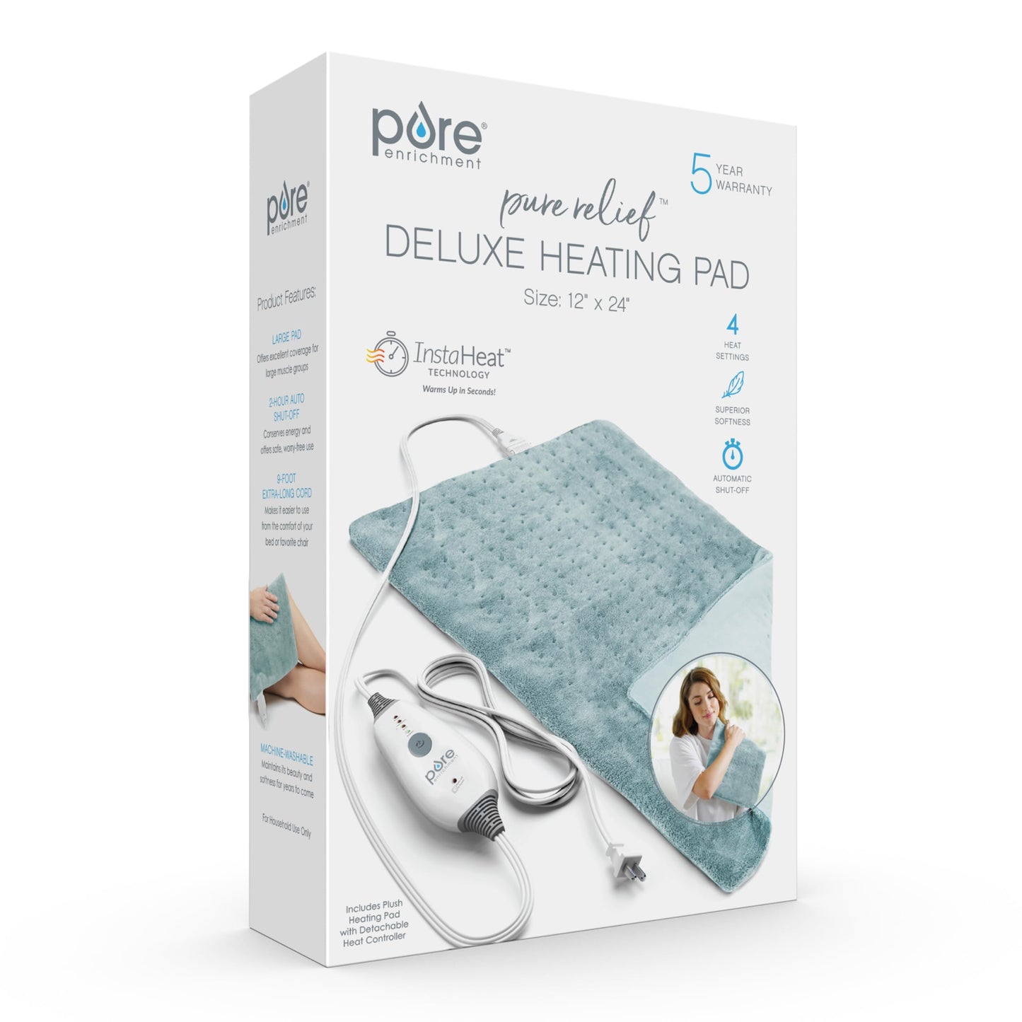 Pure Enrichment PureRelief Deluxe Heating Pad (12" x 24"), Full Body Therapy Pad with 4 InstaHeat Settings, Soft Machine-Washable Microplush Fabric and 2-Hour Auto Safety Shut-Off (Sea Glass)